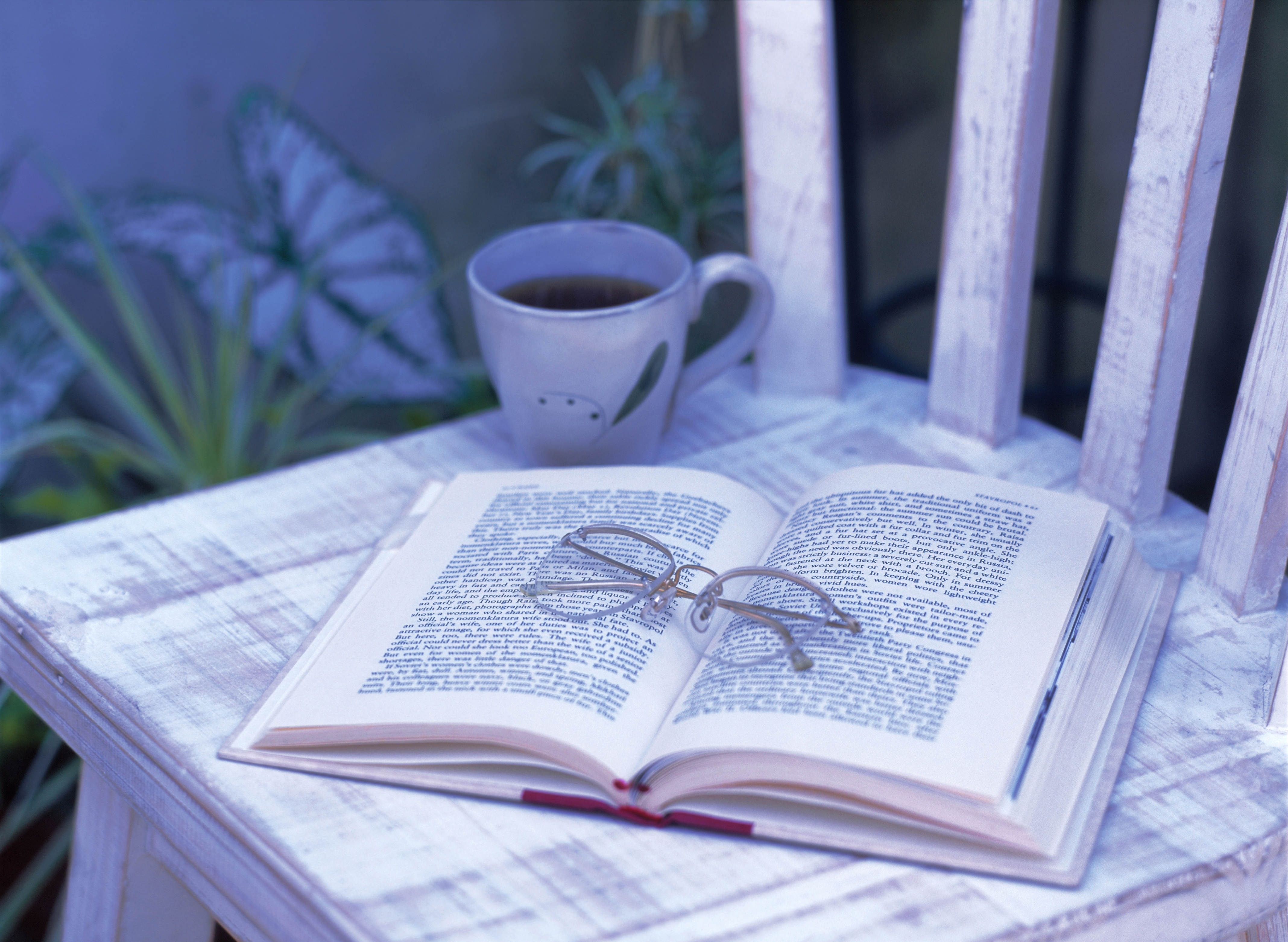 Wallpaper, garden, glasses, blue, chair, pattern, tea, cup, writing, ART, book, design 4272x3123