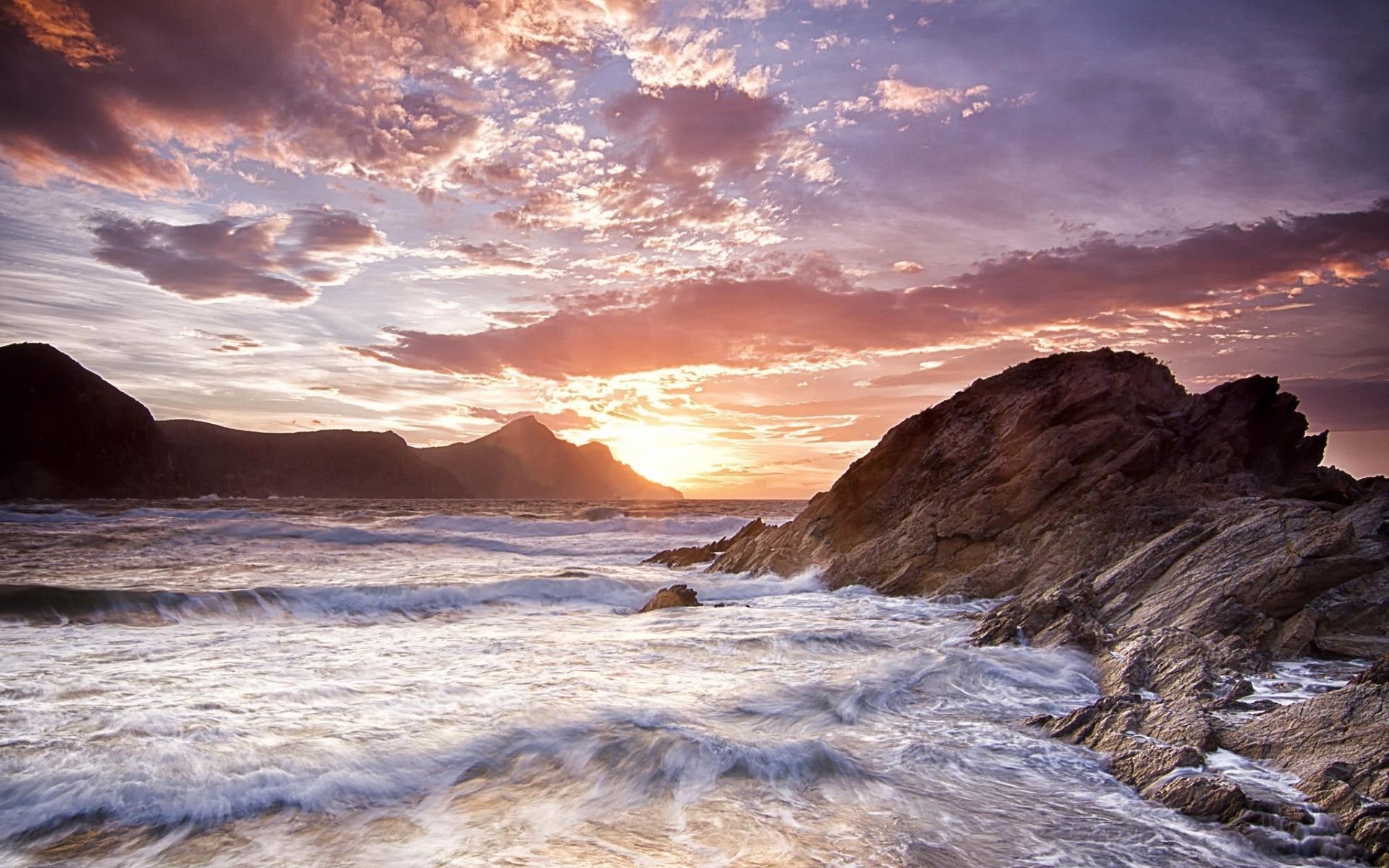 Wild Ocean Waves Rocks Sunset wallpaper. Wild Ocean Waves Rocks Sunset