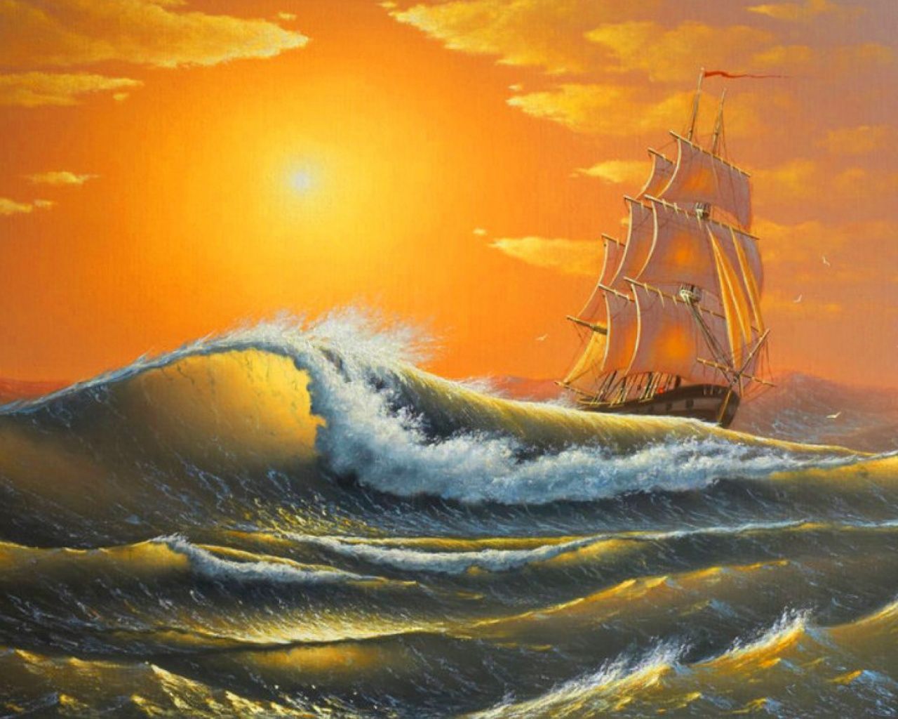 Wild Ocean Ship Orange Sunset wallpaper. Wild Ocean Ship Orange Sunset