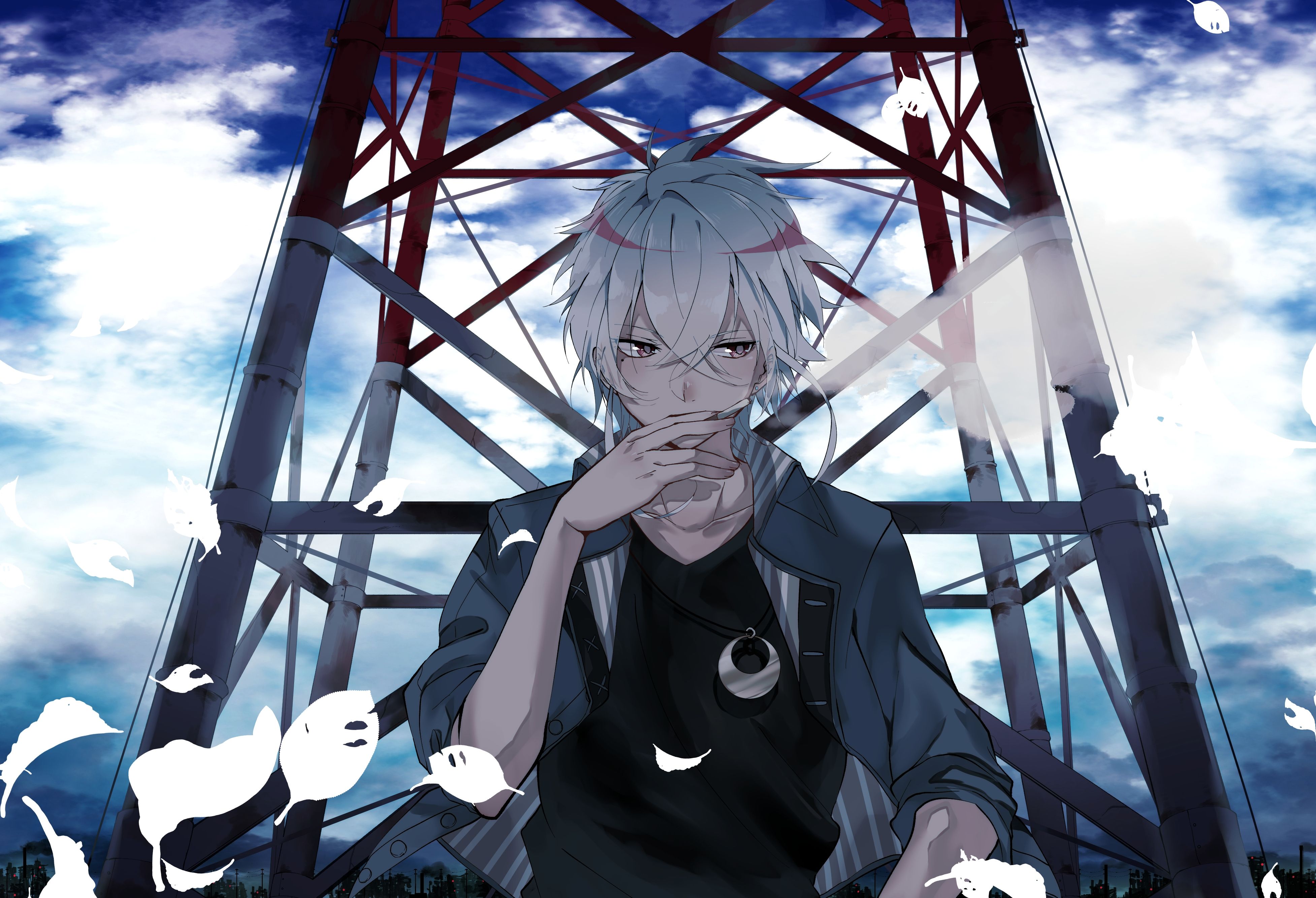 Wallpapers : smoking, tower, male, feathers, sky, clouds, anime, necklace, white hair, smoke 3907x2667