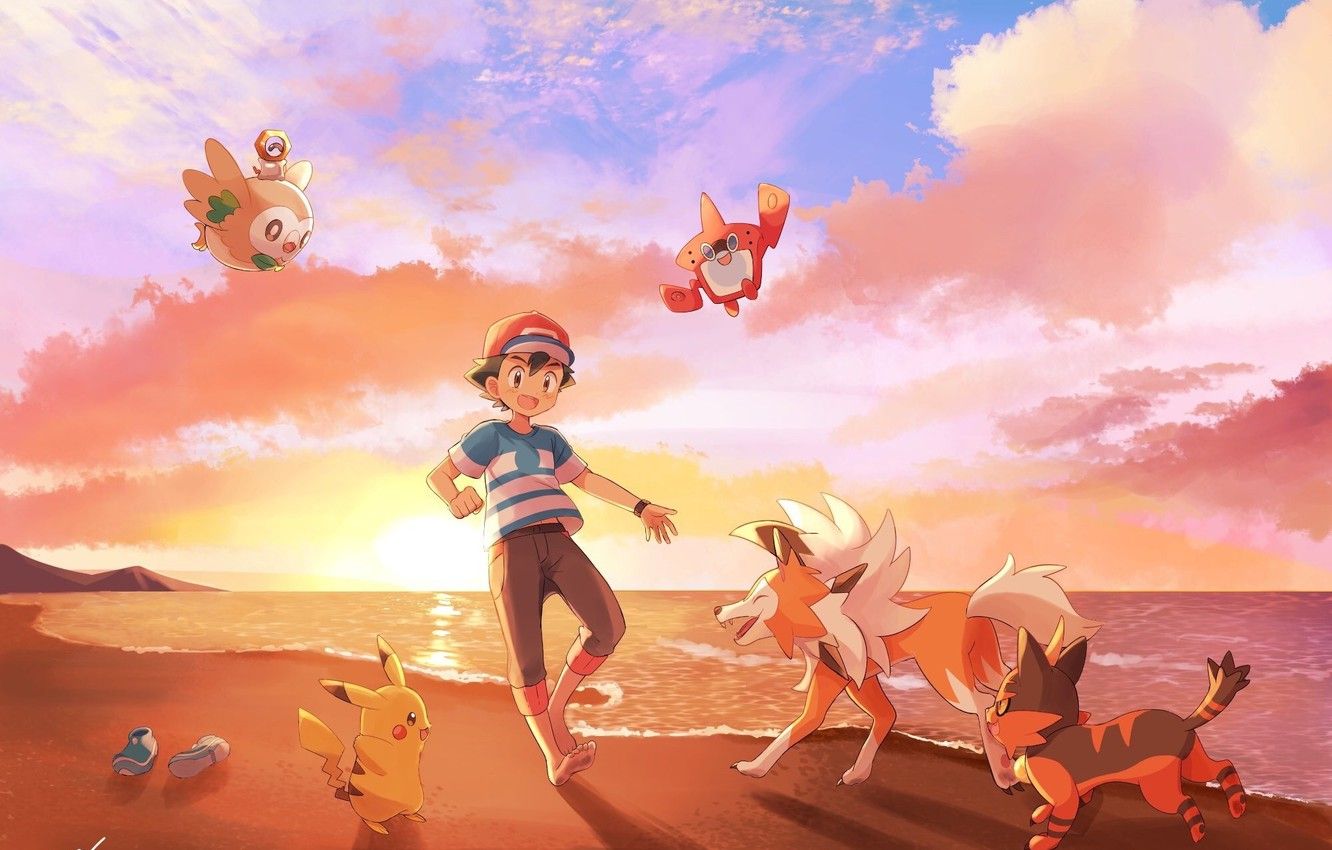 Wallpaper Sunset, The sky, Beach, boy, Pokemon, Boy, Pokemon, Pikachu, Feet, Ash Ketchum, Pokemon, Barefoot, Rowlet, Rotomdex image for desktop, section кодомо