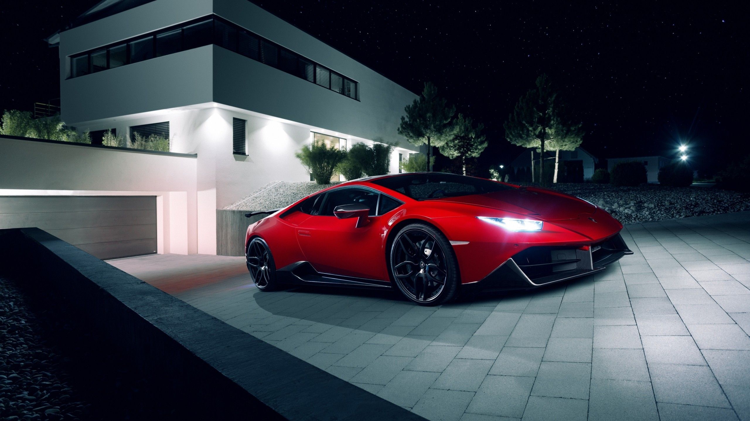 Download 2560x1440 Lamborghini Huracan, Red, Night, Supercar, Cars, House, Stars Wallpaper for iMac 27 inch