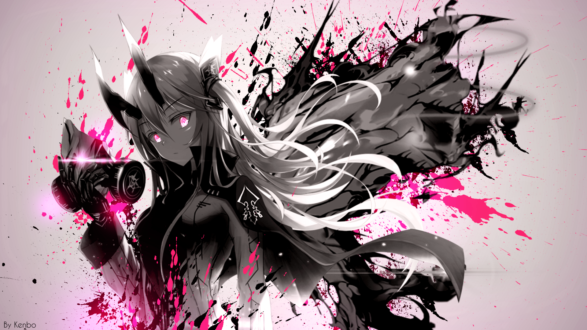 Wallpaper, anime girls, mask, gas masks, paint splatter 1920x1080