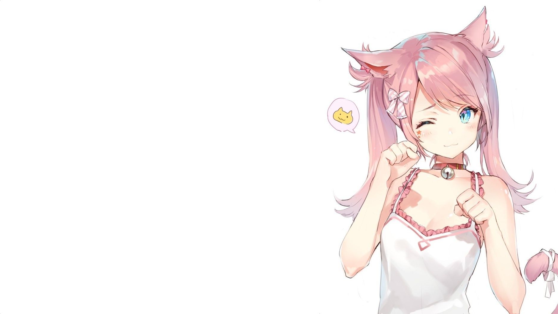 Wallpaper Moe, Cat Girl, Neko, Collar, Pink Hair, Wink, Animal Ears, Anime Girl