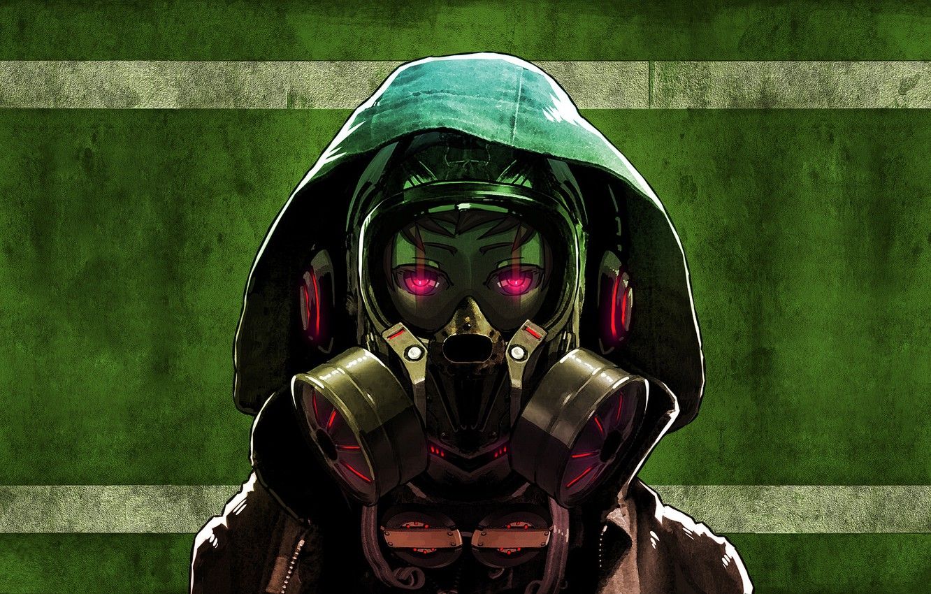 Wallpaper Girl, Art, Wall, Green, Headphones, Jacket, Hood, Red lights, Gas mask image for desktop, section арт