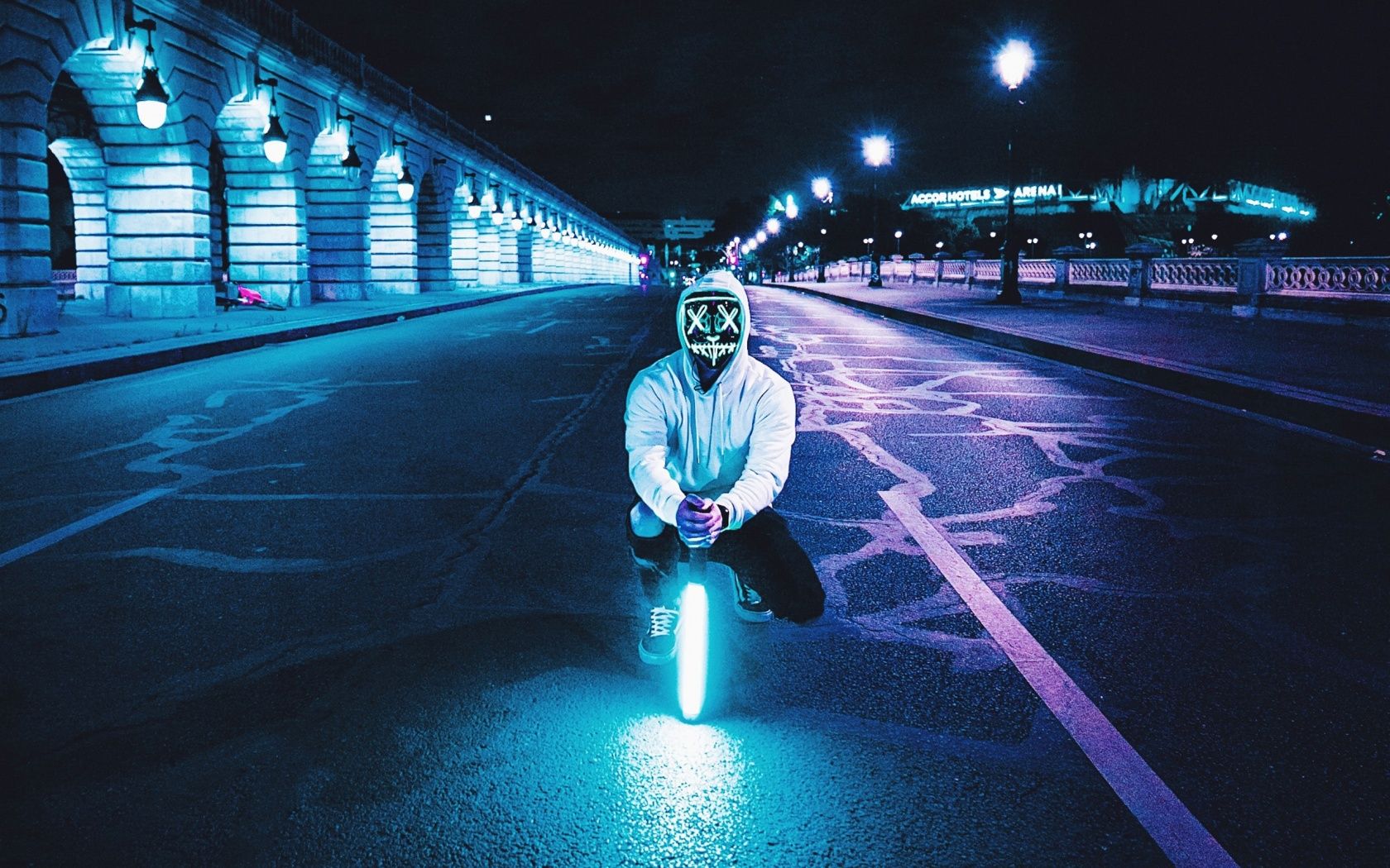Man Wallpaper 4K, LED mask, Lightsaber, Road, Tarmac, City lights, Photography