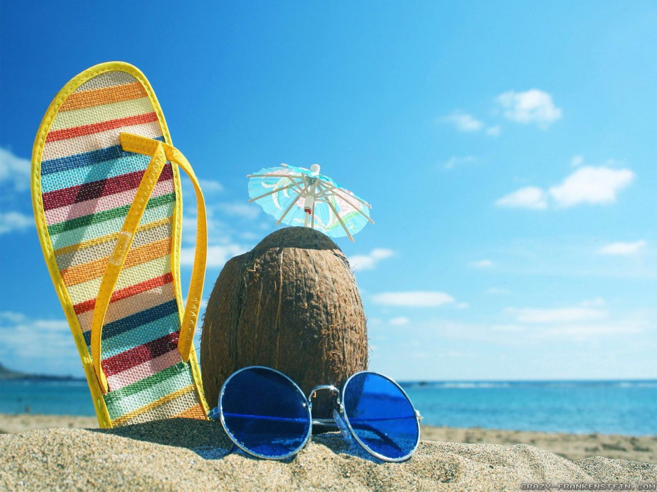 Summertime glasses, sandal and coconut drink at the beach. Summer vibes photography, Beach scene wallpaper, Summer background