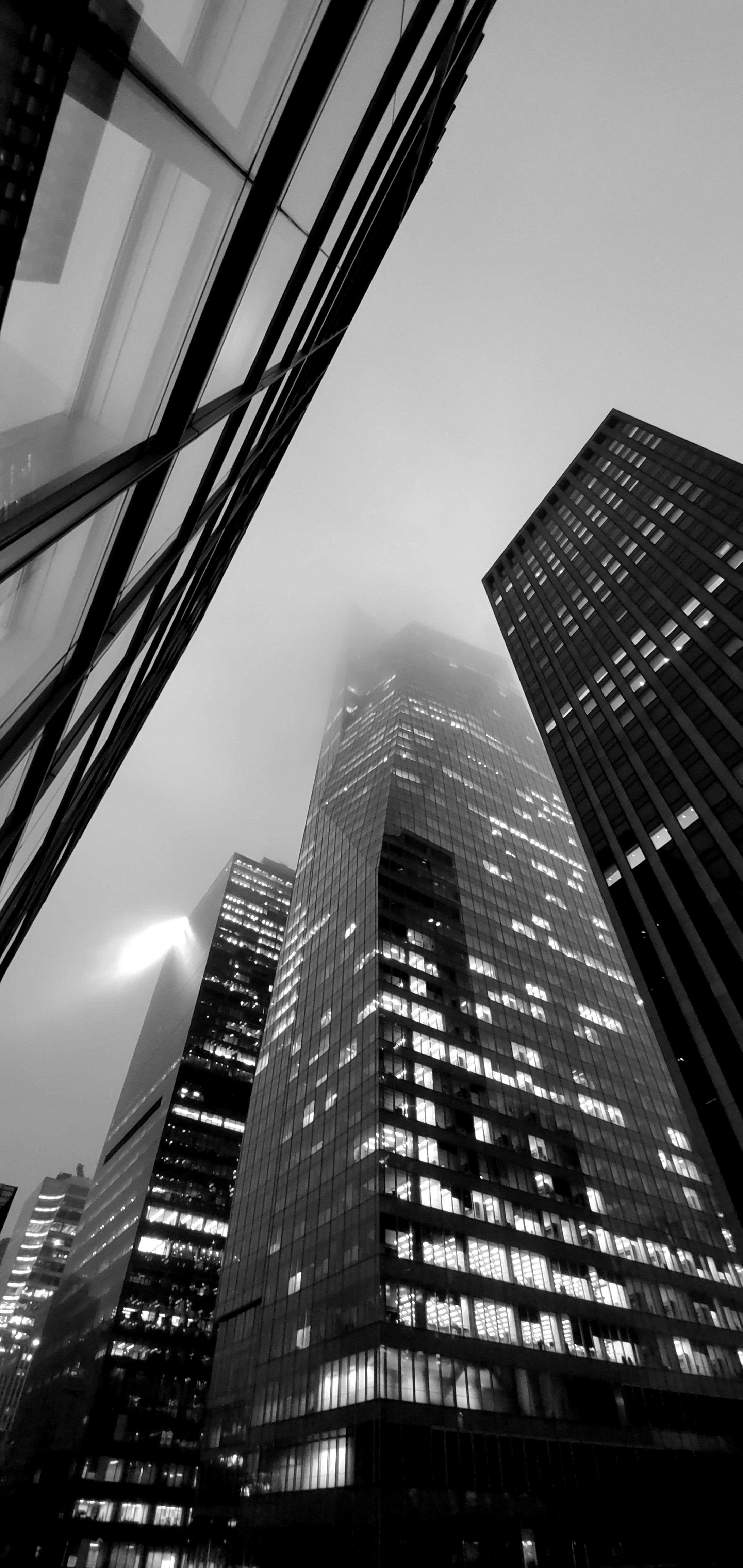 Wallpapers : New York City, black, white, building, architecture, clouds, monochrome, skyscraper, vertical, gray, portrait display, overcast, mist, urban, city lights 2184x4608