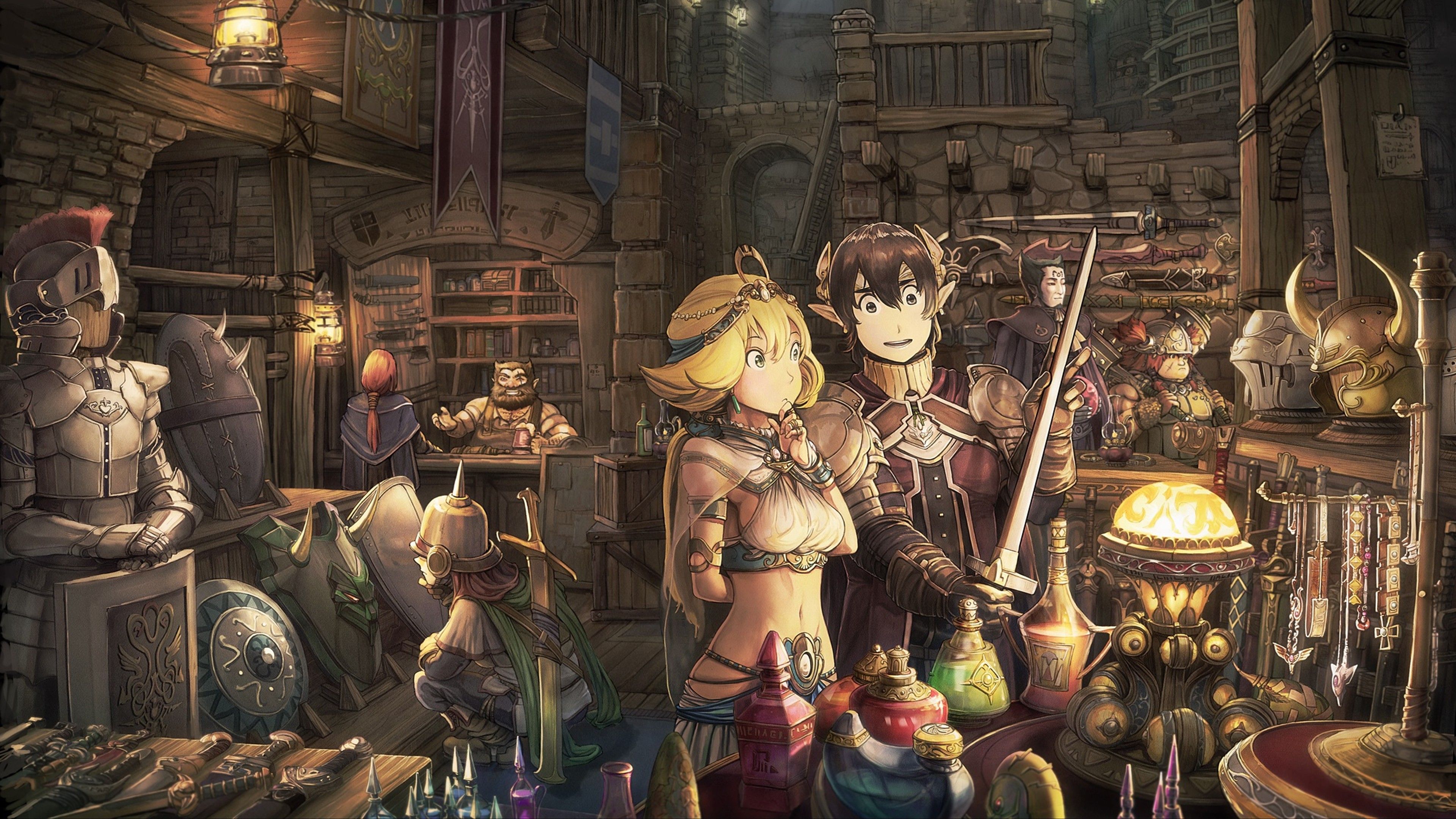 Wallpaper, anime, room, fantasy city, mythology, fantasy armor, Friends, shopping, detailed, screenshot, ancient history, pc game, middle ages 3840x2160