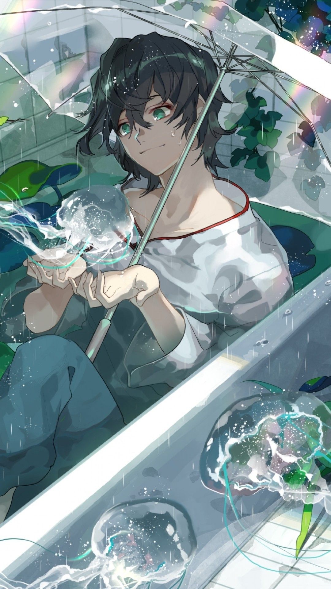 Download 1080x1920 Anime Boy, Bathtub, Green Leaves, Jellyfish, Transparent Umbrella Wallpaper for iPhone iPhone 7 Plus, iPhone 6+, Sony Xperia Z, HTC One