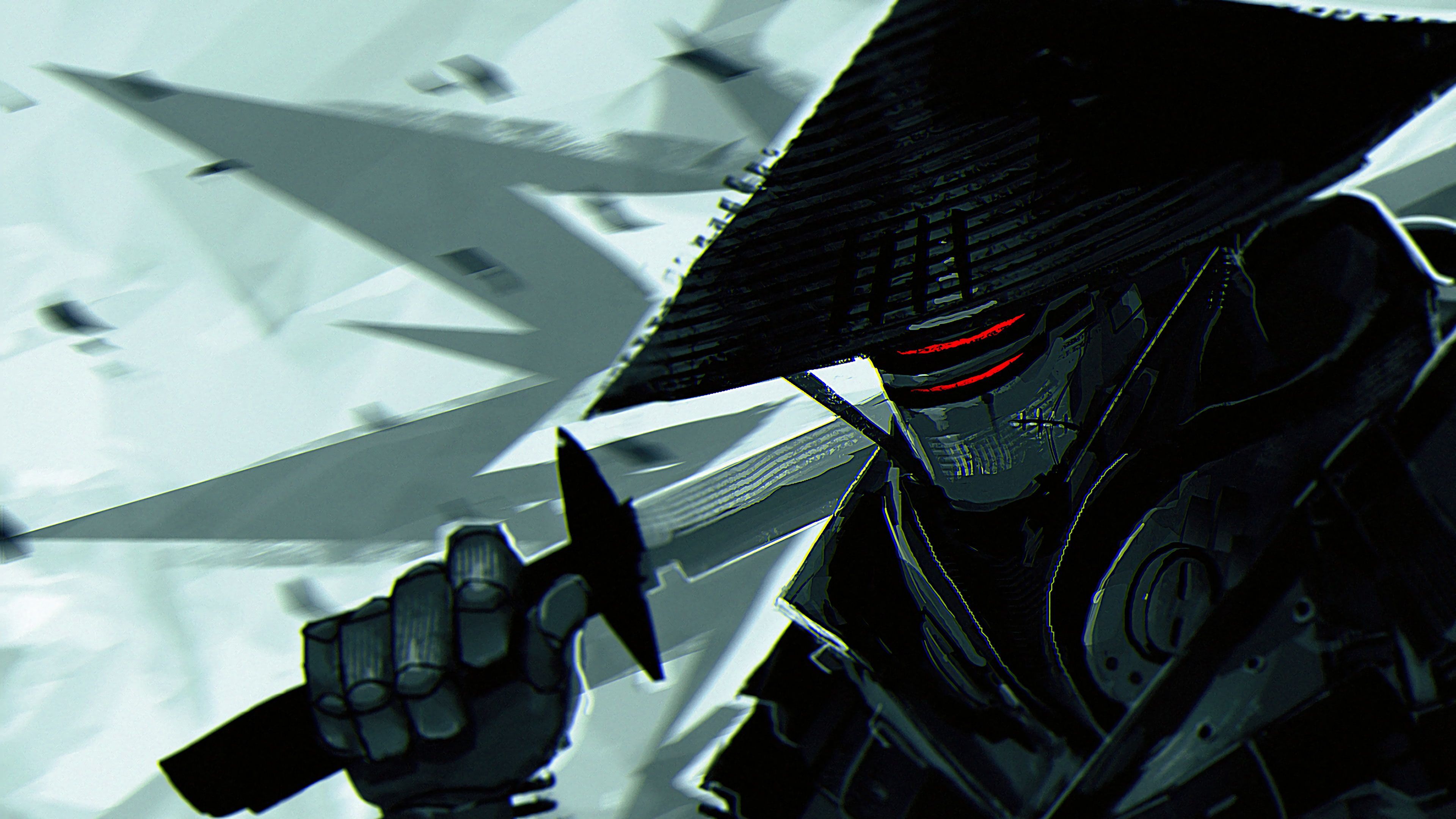 Cyborg Samurai. Person holding sword, Sword illustration, Holding sword