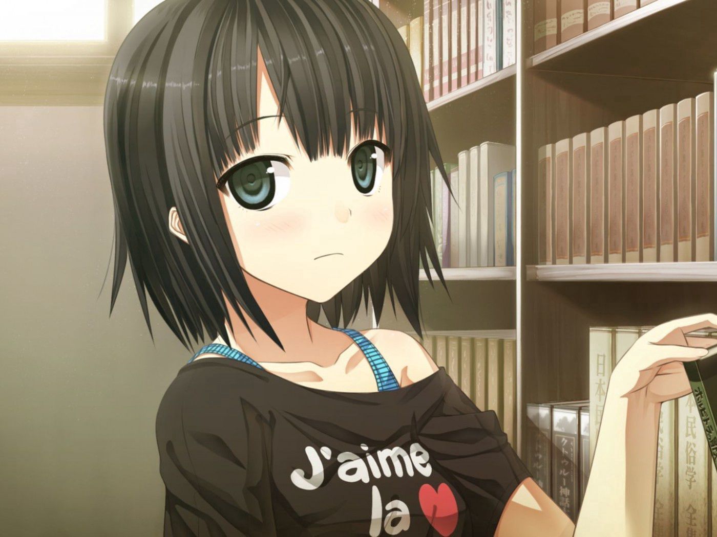 Download wallpaper 1400x1050 girl, anime, books, library standard 4:3 HD background