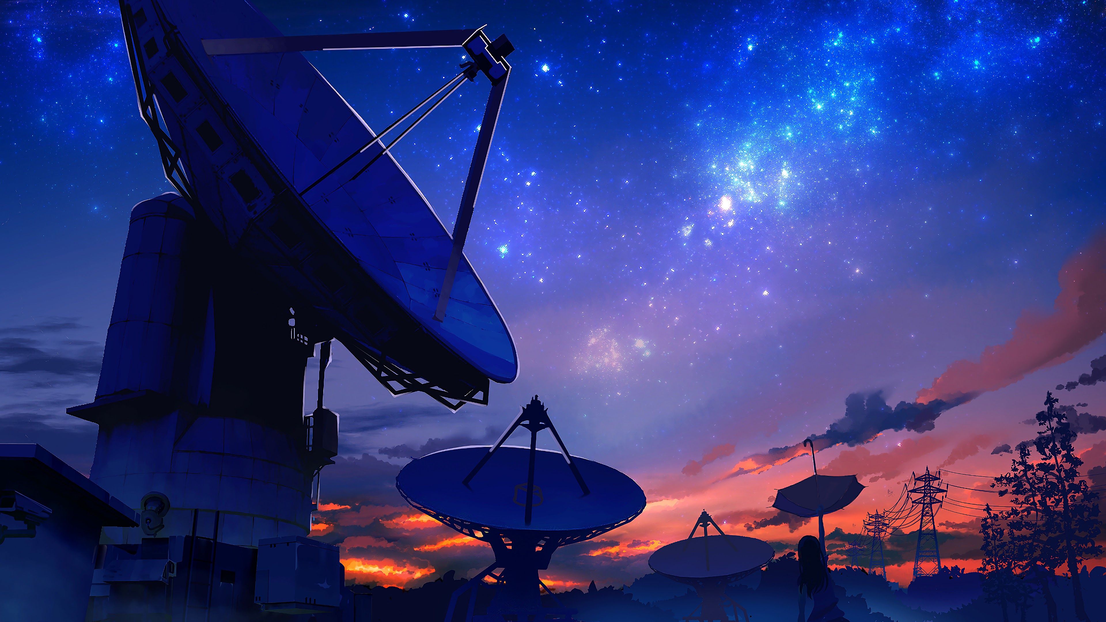 Anime, Scenery, Night Sky, Satellite Dish, 4k, 3840x2160, Dish HD Wallpaper