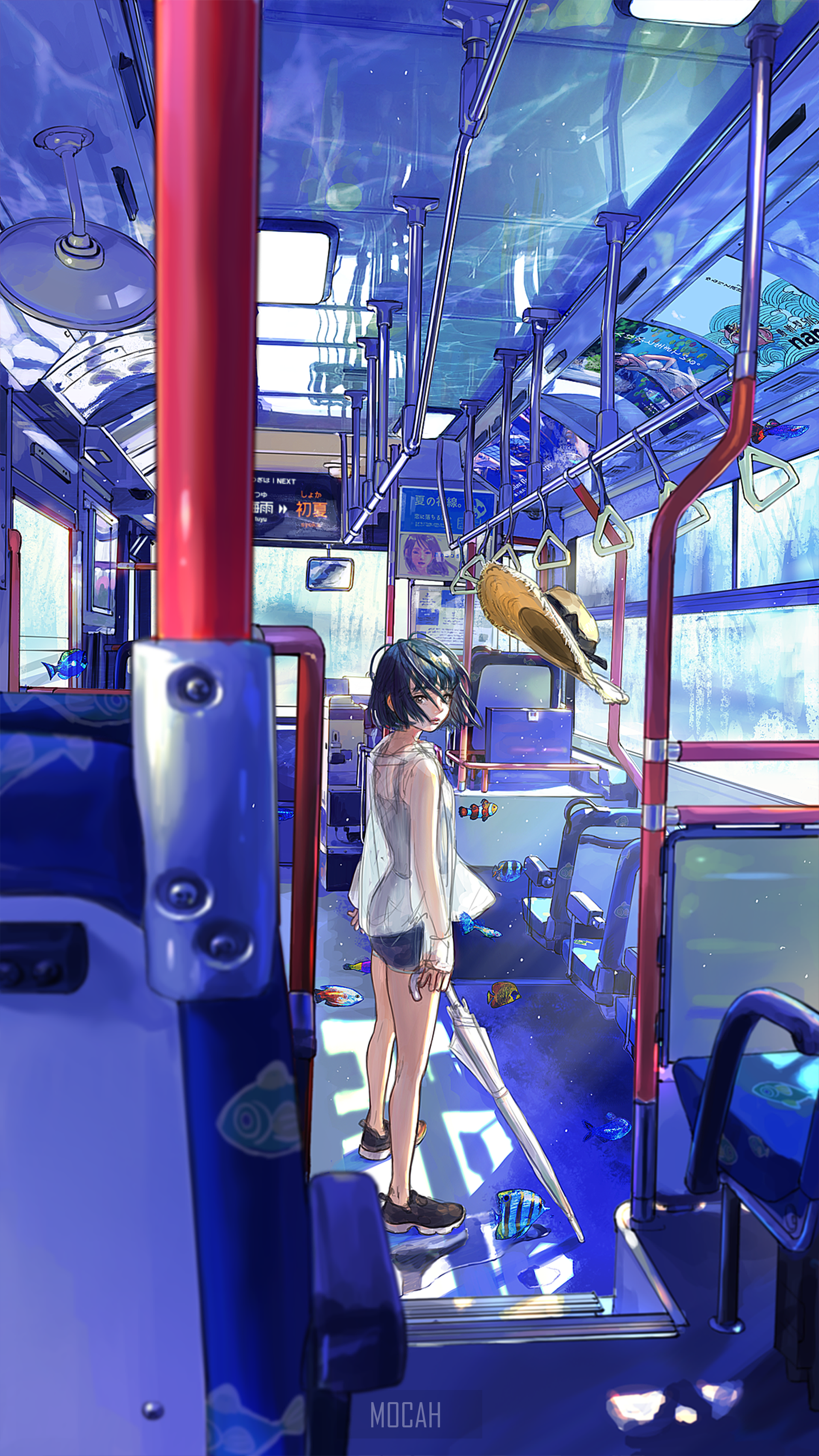 fish, buses, anime girl, anime, vehicle background, 1688x3000. Mocah HD Wallpaper