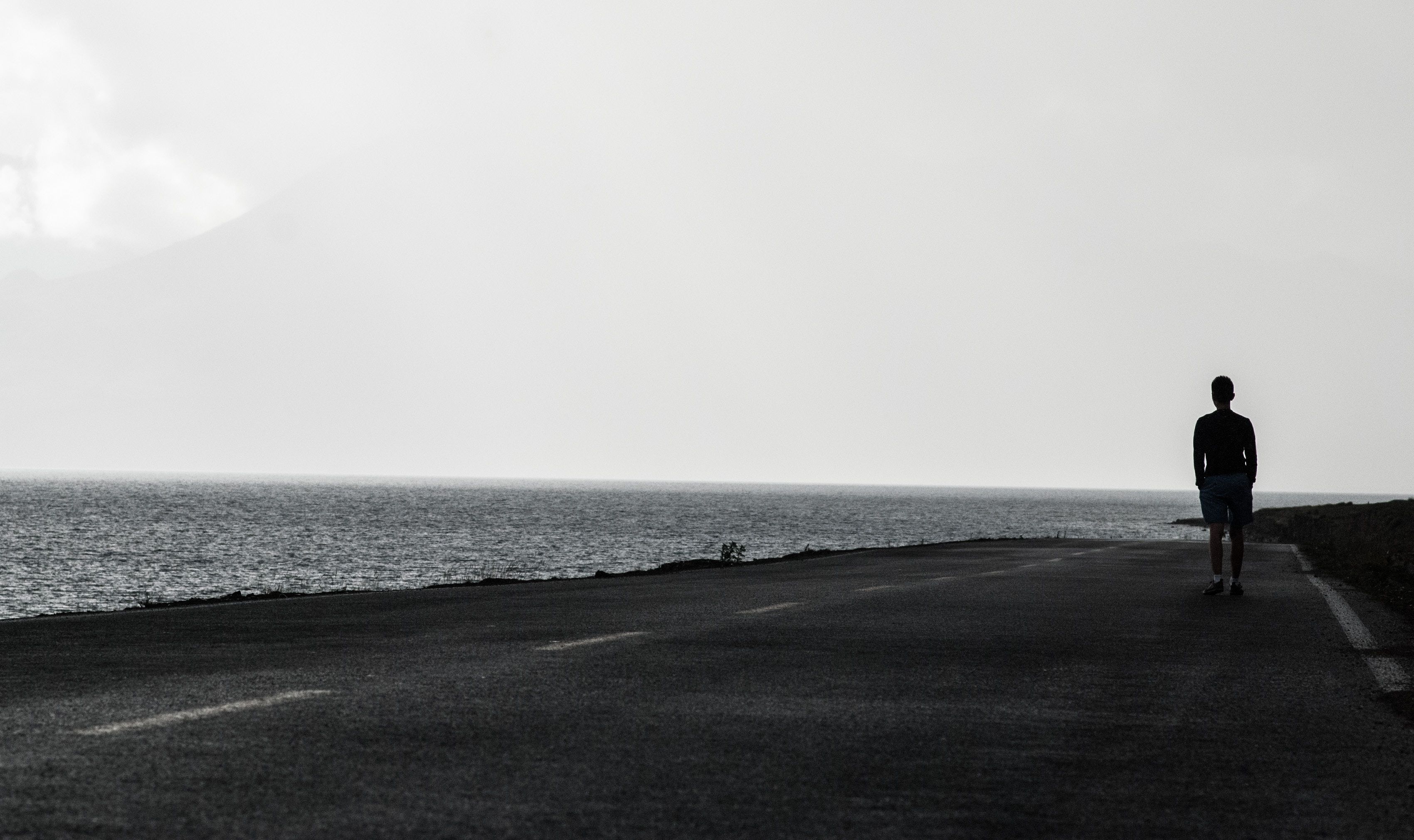 3401x2022 #con, #black and white, #sea, #water, #black wallpaper, #walk, #Free picture, #road, #loneliness, #space, #street, # wallpaper, #cloudy, #man, #alone, #think, #human, #contrast, #person, #black background, #ocean HD