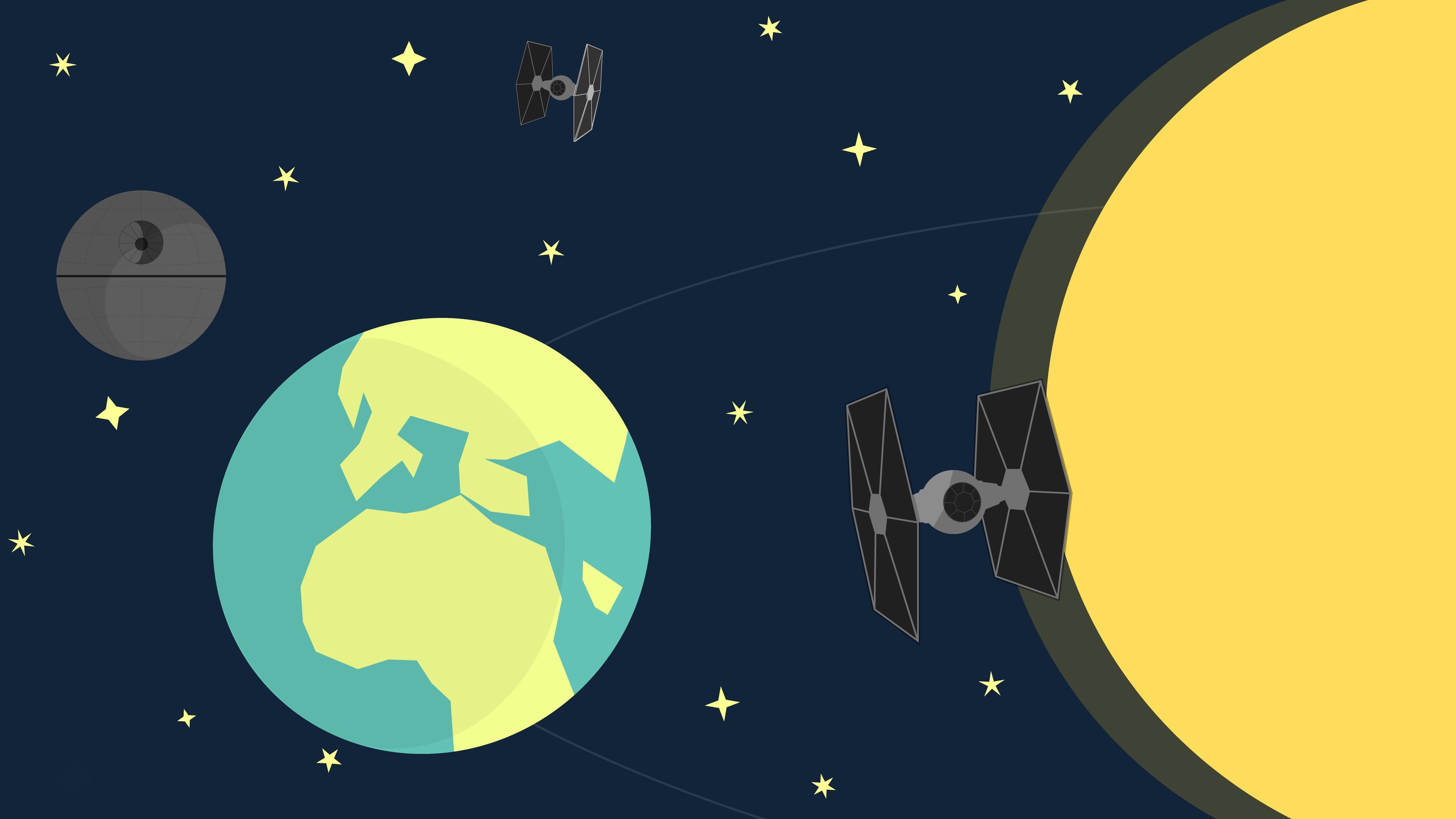 Wallpaper, illustration, Star Wars, planet, space, minimalism, artwork, Earth, cartoon, circle, atmosphere, TIE Fighter, Death Star, line, number, screenshot, font, astronomical object 5120x2880