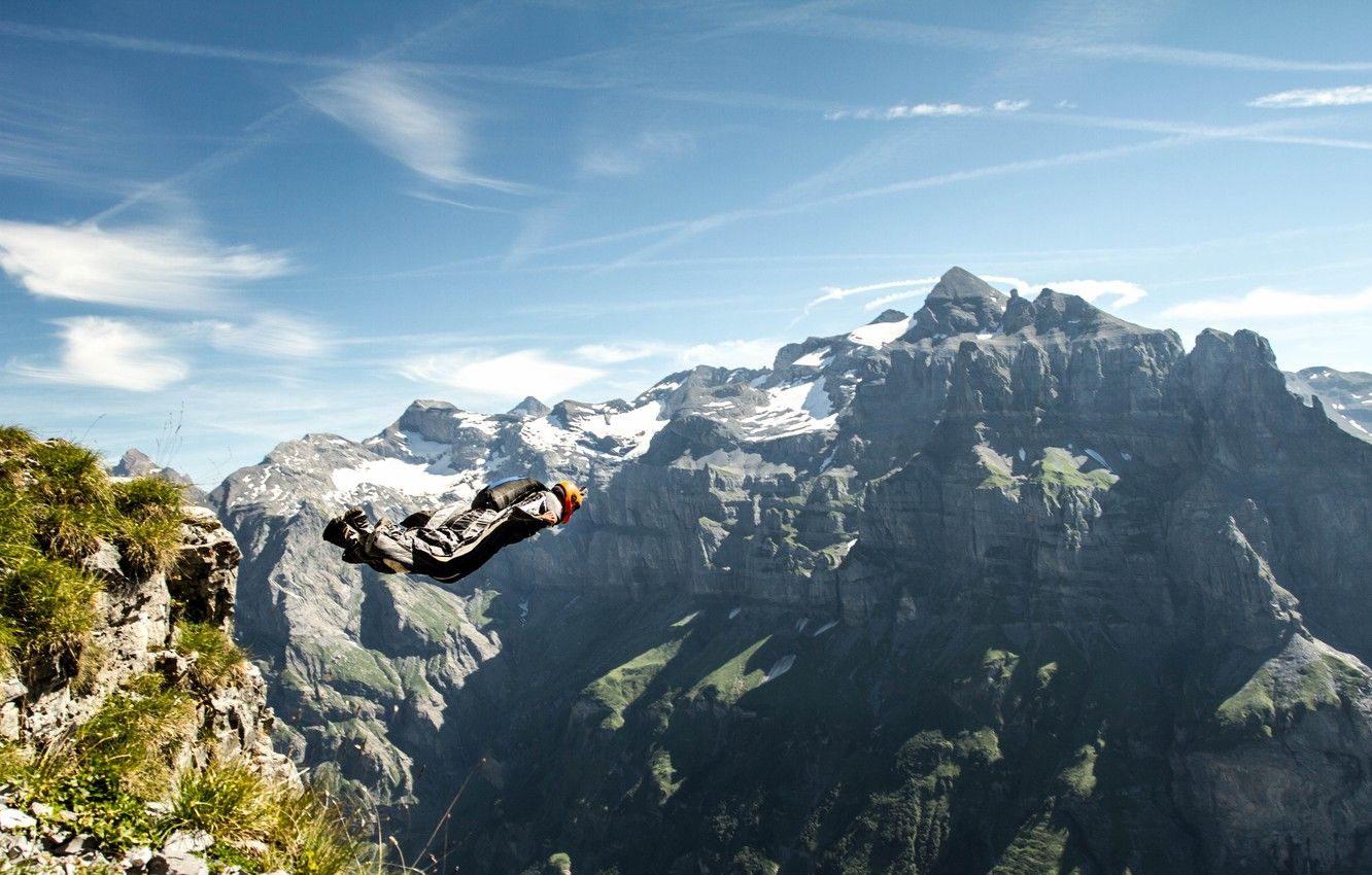 Wallpaper the sky, clouds, mountains, rocks, camera, parachute, container, helmet, pilot, extreme sports, wingsuit, base jumping, beyser image for desktop, section спорт