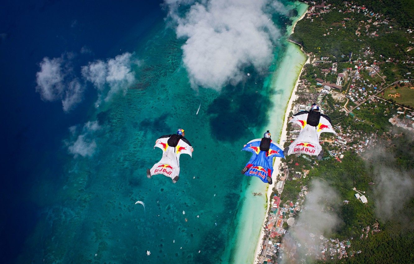 Wallpaper The ocean, Coast, Red Bull, Parachute, LifeStyle, Extreme Sport, Wingsuit image for desktop, section спорт