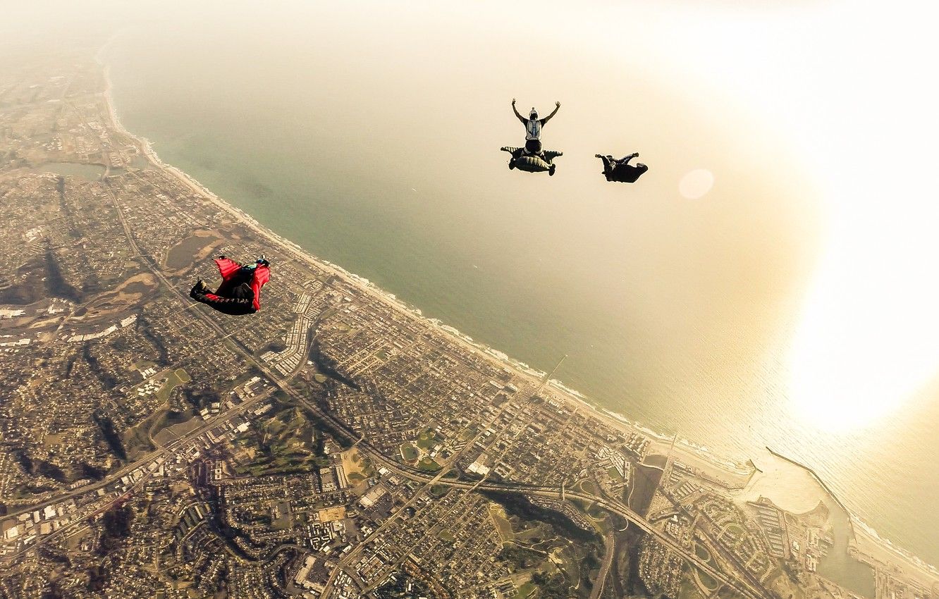 Wallpaper sea, beach, the sun, the city, parachute, container, pilots, skydivers, extreme sports, parachuting, wingsuit image for desktop, section спорт