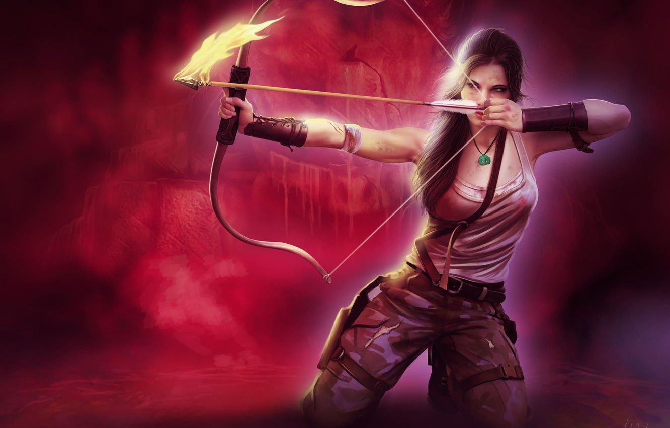 Wallpaper look, girl, face, weapons, background, fire, hair, Mike, bow, art, arrow, Tomb Raider, aiming, ponytail, Lara Croft image for desktop, section игры