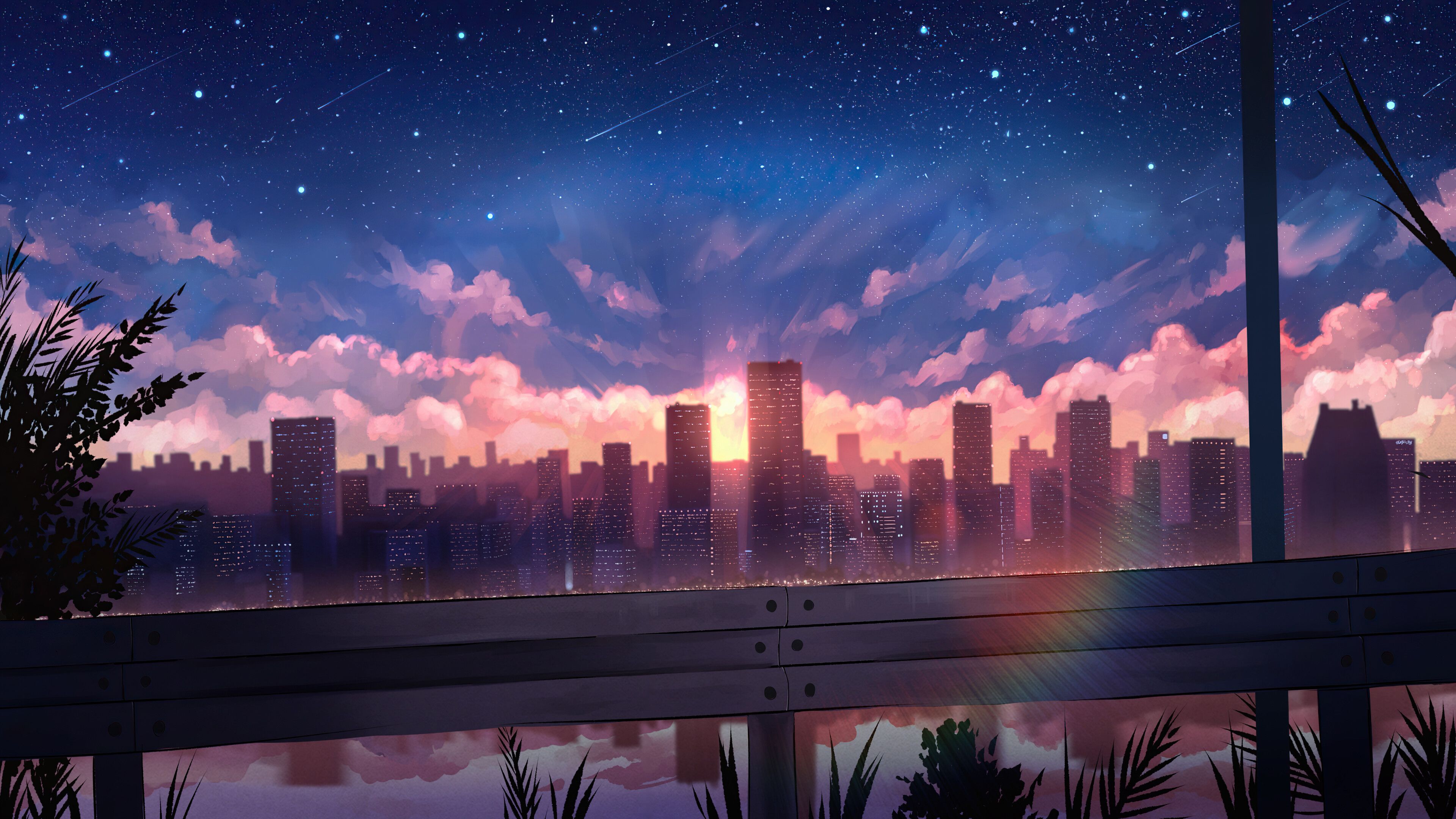 dual monitor wallpaper anime city landscape