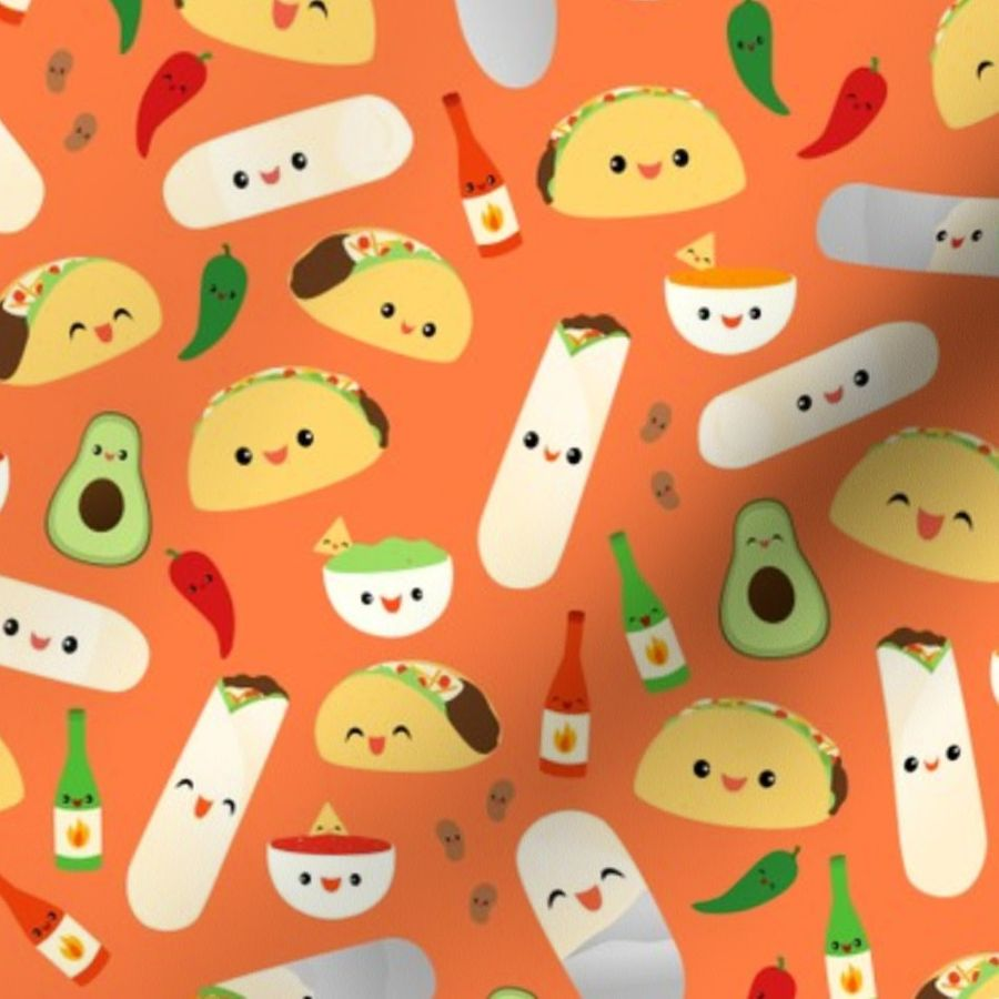Colorful fabrics digitally printed by Spoonflower and Burrito Time. Taco wallpaper, Burritos, Craft projects