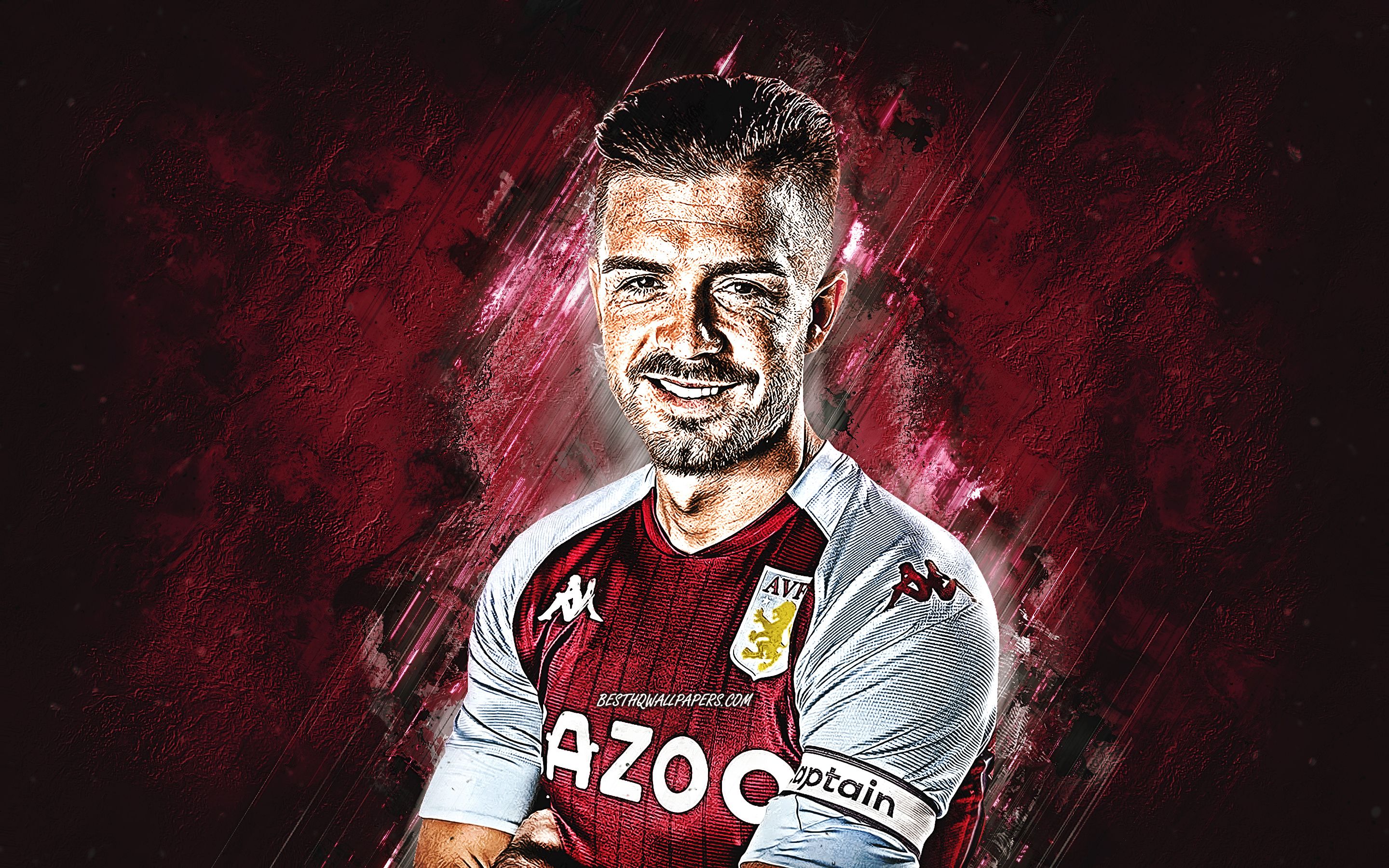 Download wallpaper Jack Grealish, Aston Villa FC, english footballer, midfielder, red stone background, Premier League, soccer for desktop with resolution 2880x1800. High Quality HD picture wallpaper