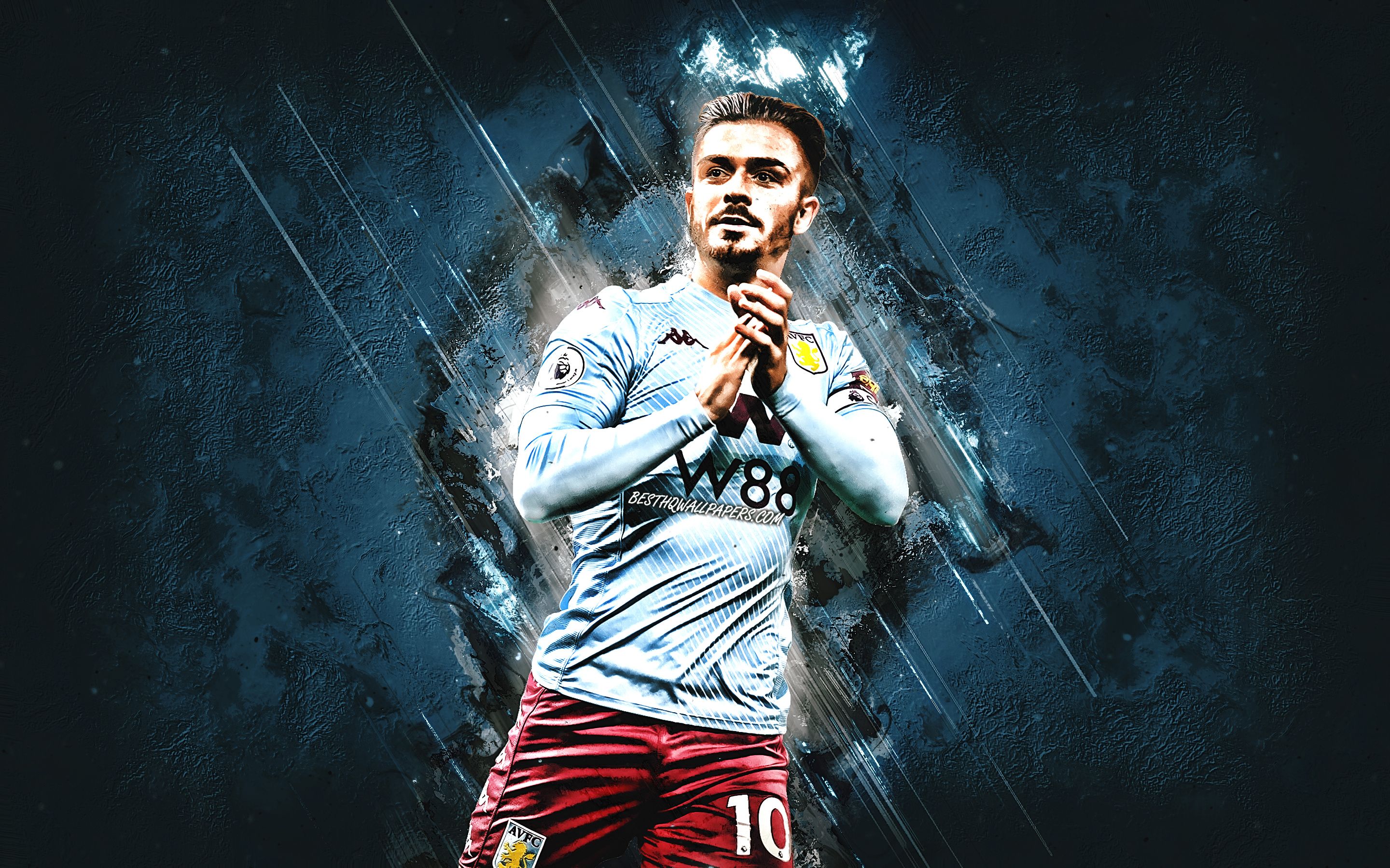 Download wallpaper Jack Grealish, Aston Villa FC, English football player, portrait, Premier League, England, football, Irish footballer, blue stone background for desktop with resolution 2880x1800. High Quality HD picture wallpaper