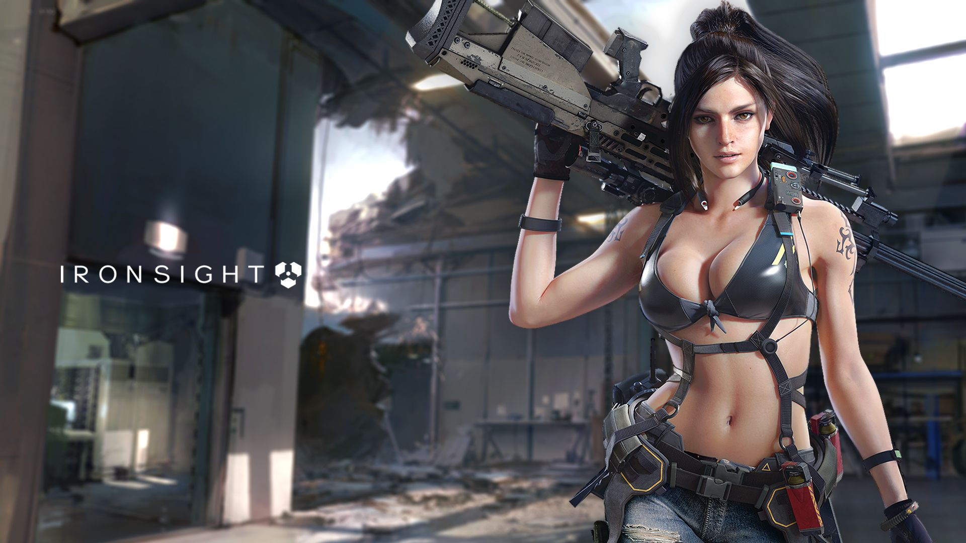 Wallpaper, video game girls, video games, artwork, Iron Sight, black bras, looking at viewer, brunette, brown eyes, tattoo sleeve, ponytail, sniper rifle, jean shorts 1920x1080