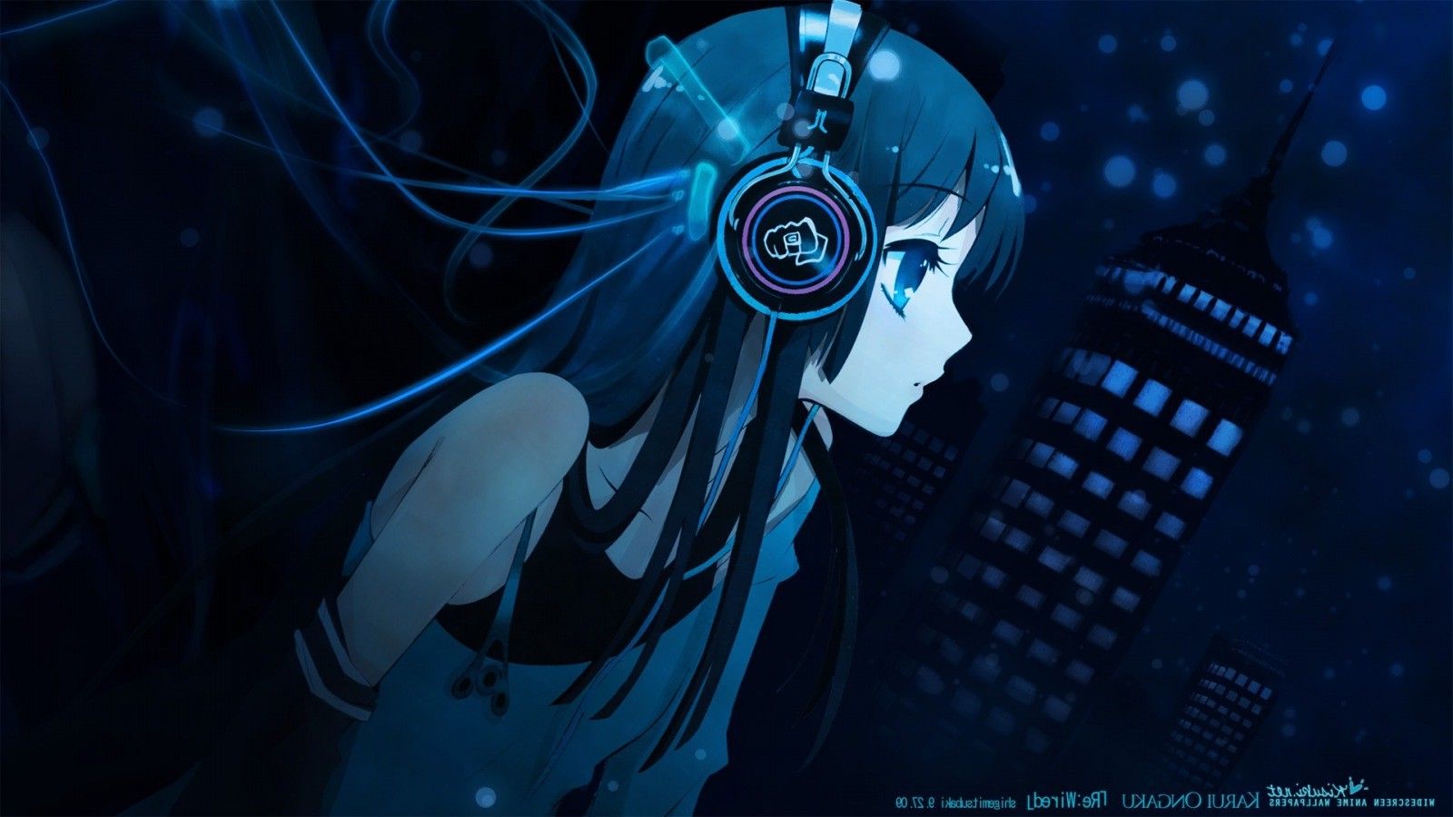 Wallpaper, illustration, anime girls, blue, headphones, darkness, screenshot, 1600x900 px, computer wallpaper 1600x900