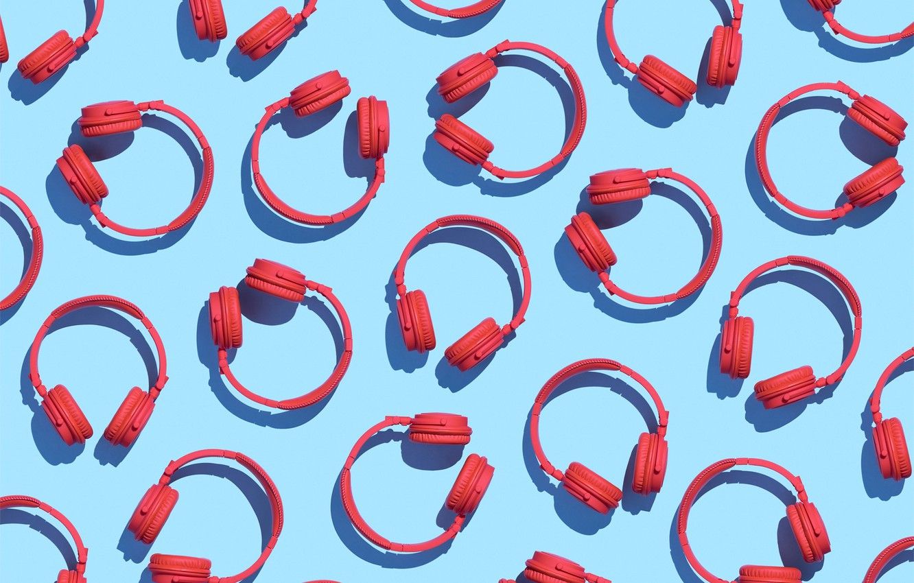 Wallpaper red, background, blue, headphones, pattern image for desktop, section музыка