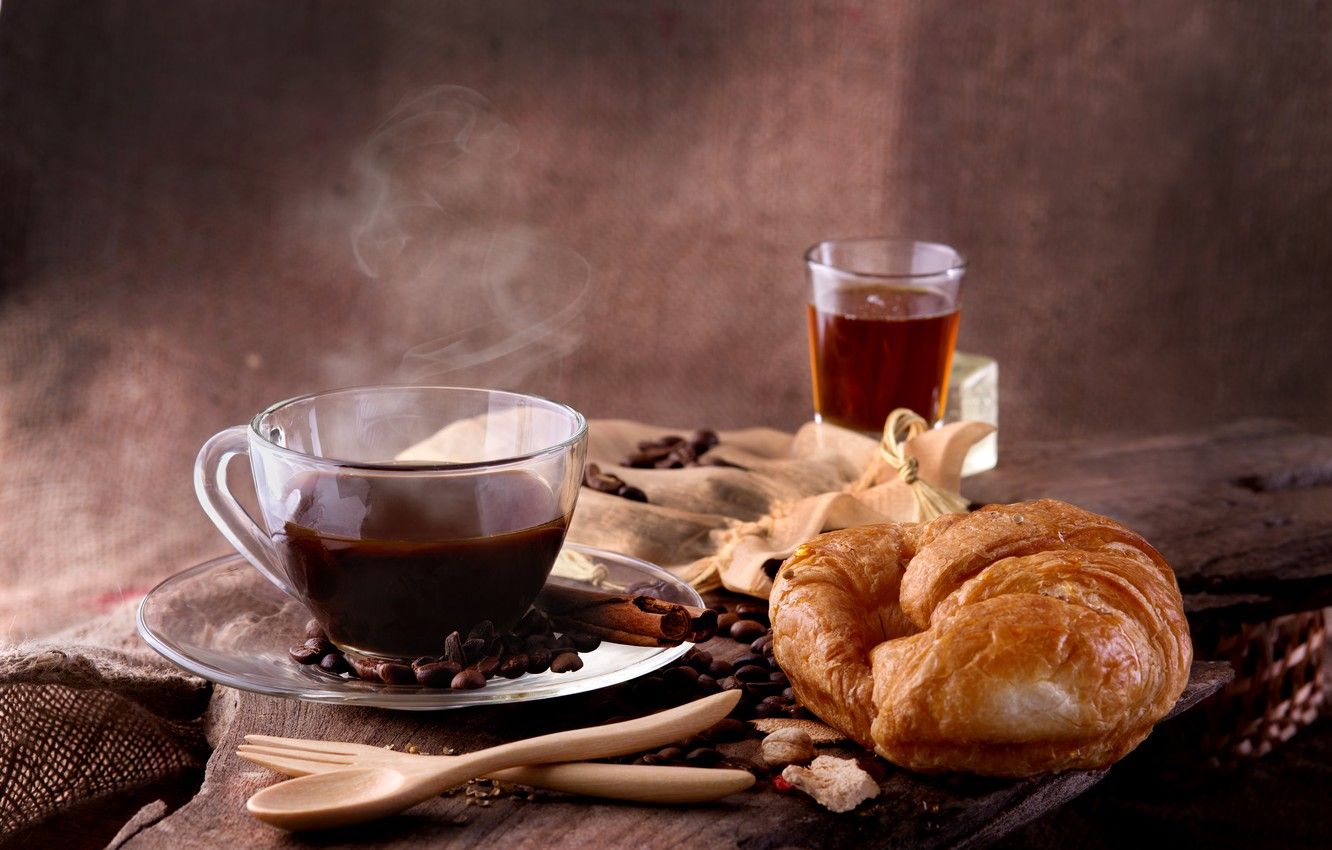 Wallpaper tea, coffee, cinnamon, coffee beans, croissant image for desktop, section еда