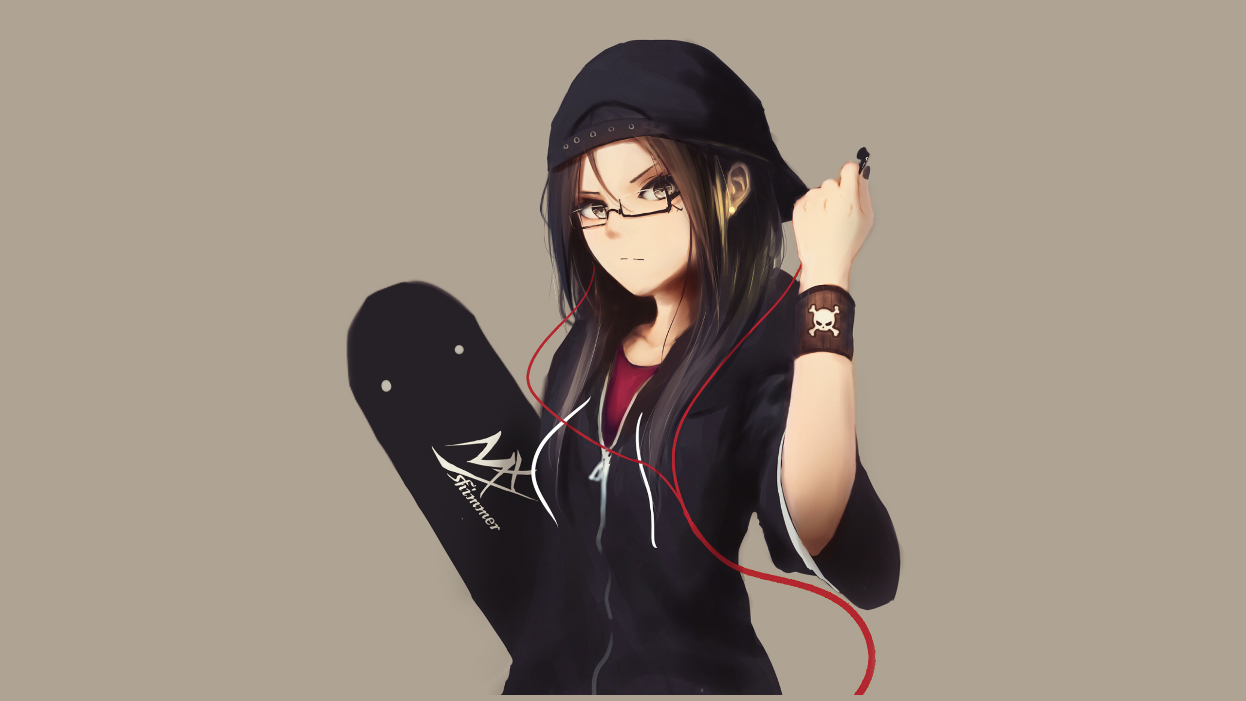 Skateboard, Earbuds, Anime, Brown Eyes, Cap, Girl, Original (Anime), Black Hair, Glasses wallpaper HD Wallpaper