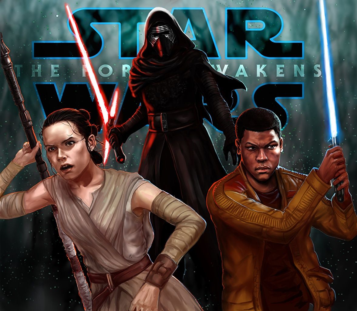 Desktop Wallpaper Star Wars: The Force Awakens Swords Finn, Rey