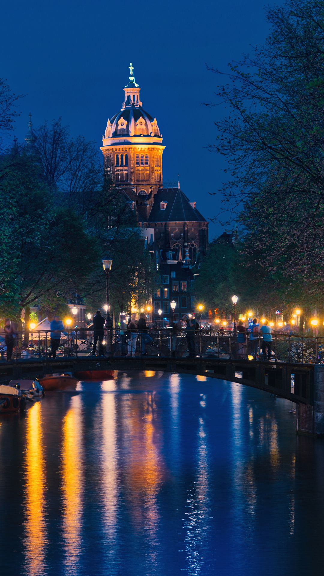 Wallpaper Amsterdam Netherlands Canal bridge Marinas night 1080x1920