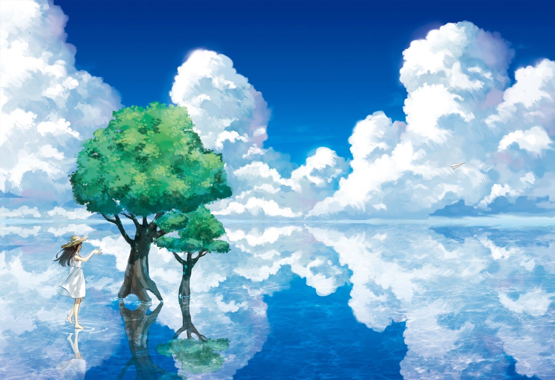 Wallpaper, sunlight, trees, sea, anime girls, reflection, sky, clouds, blue, original characters, atmosphere, cloud, tree, flower, computer wallpaper, cumulus, 1920x1314 px 1920x1314