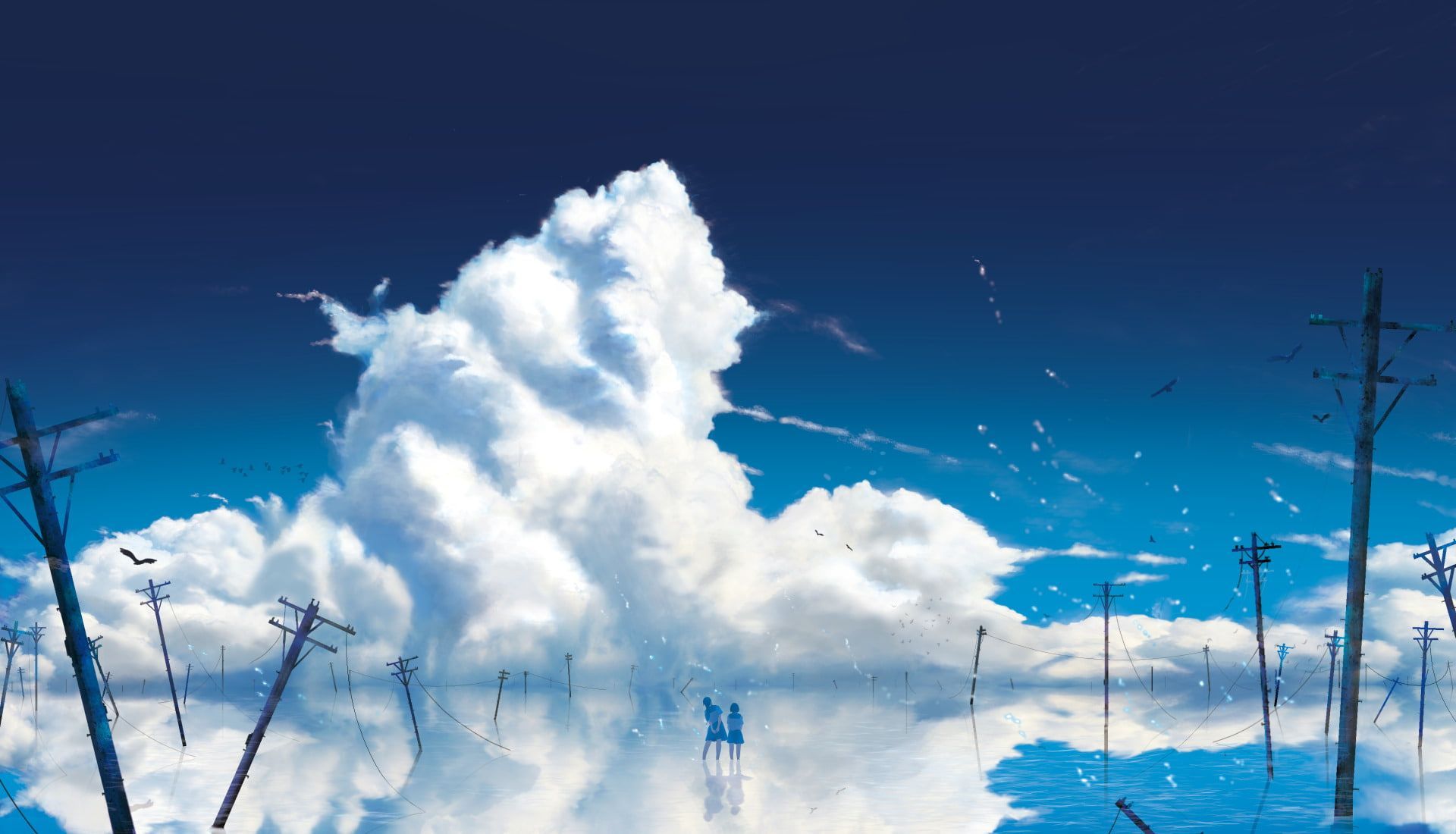 Anime #Original #Cloud #Girl #Reflection #Skirt #Sky Telephone Pole #Water P #wallpaper #hdwallpape in 2021x1152 wallpaper, Scenery background, Anime scenery