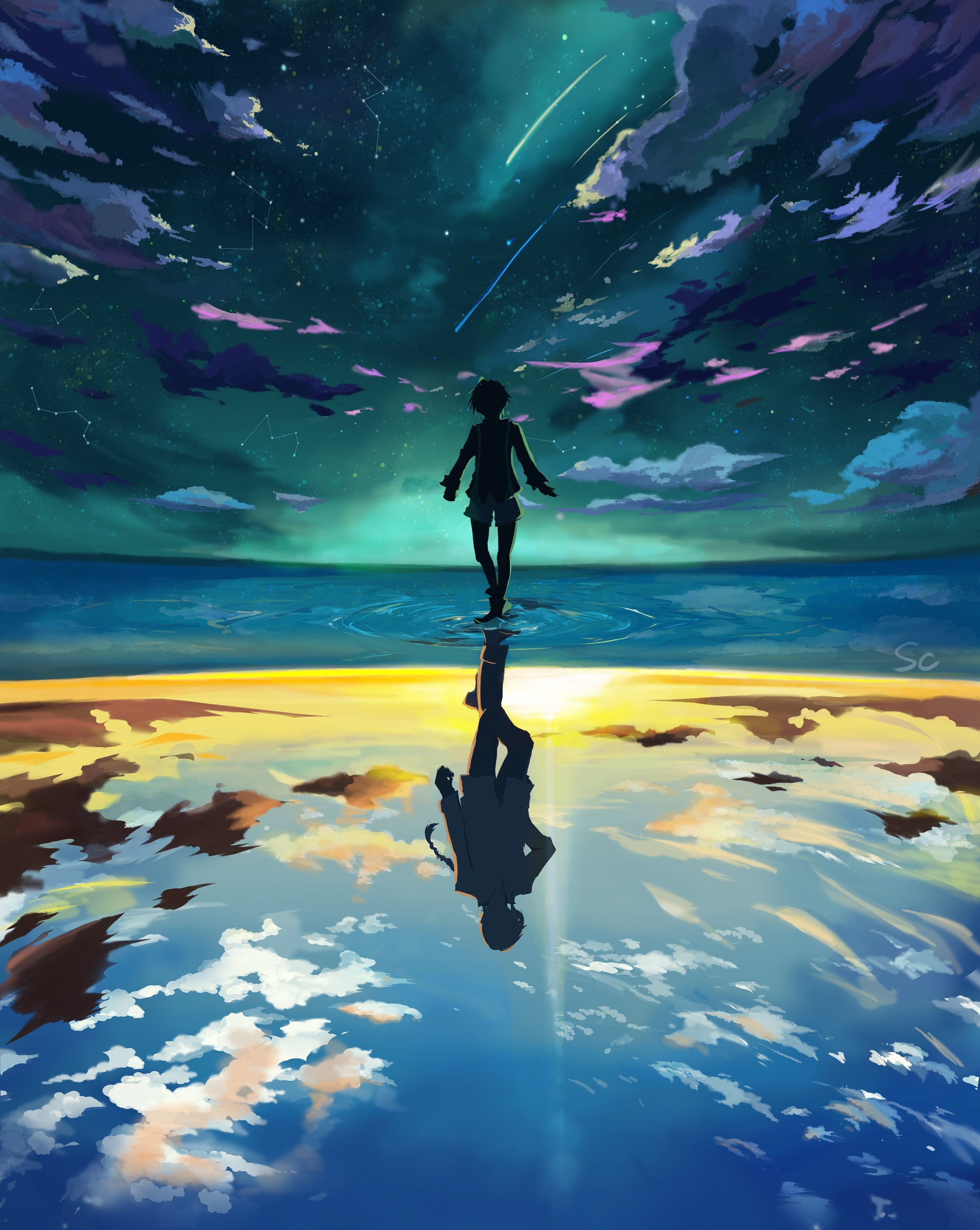 anime boy #floating #reflection #water #clouds #sky #scenic #stars #Anime K #wallpaper #hdwallpaper #desktop. Water anime, Anime water, Floating in water
