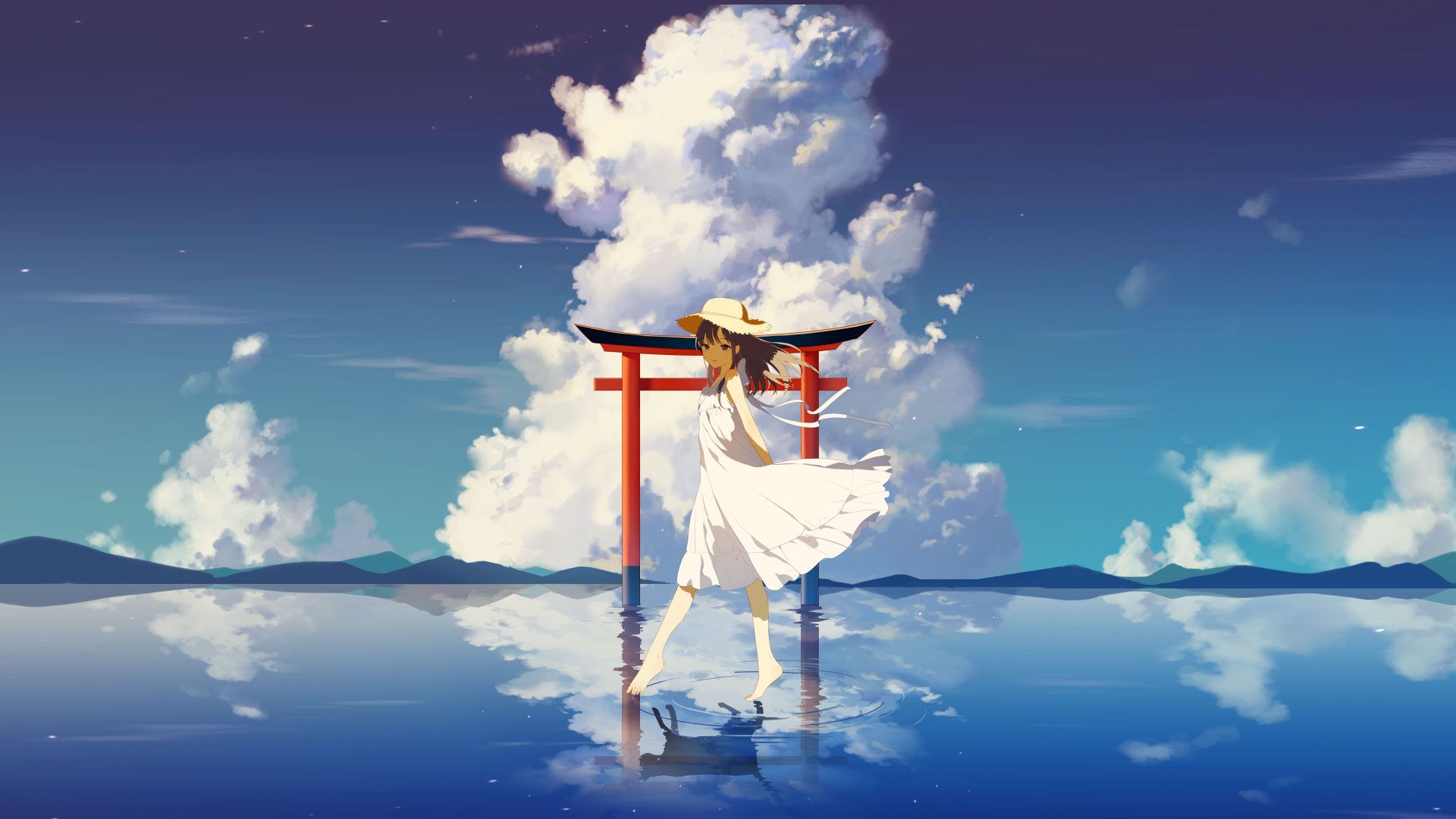 Anime Anime Girls Sky Reflection Dress White Dress Water Clouds Outdoors Barefoot 1920x1080 UHD Wallpaper. Walldump HD and UHD Wallpaper