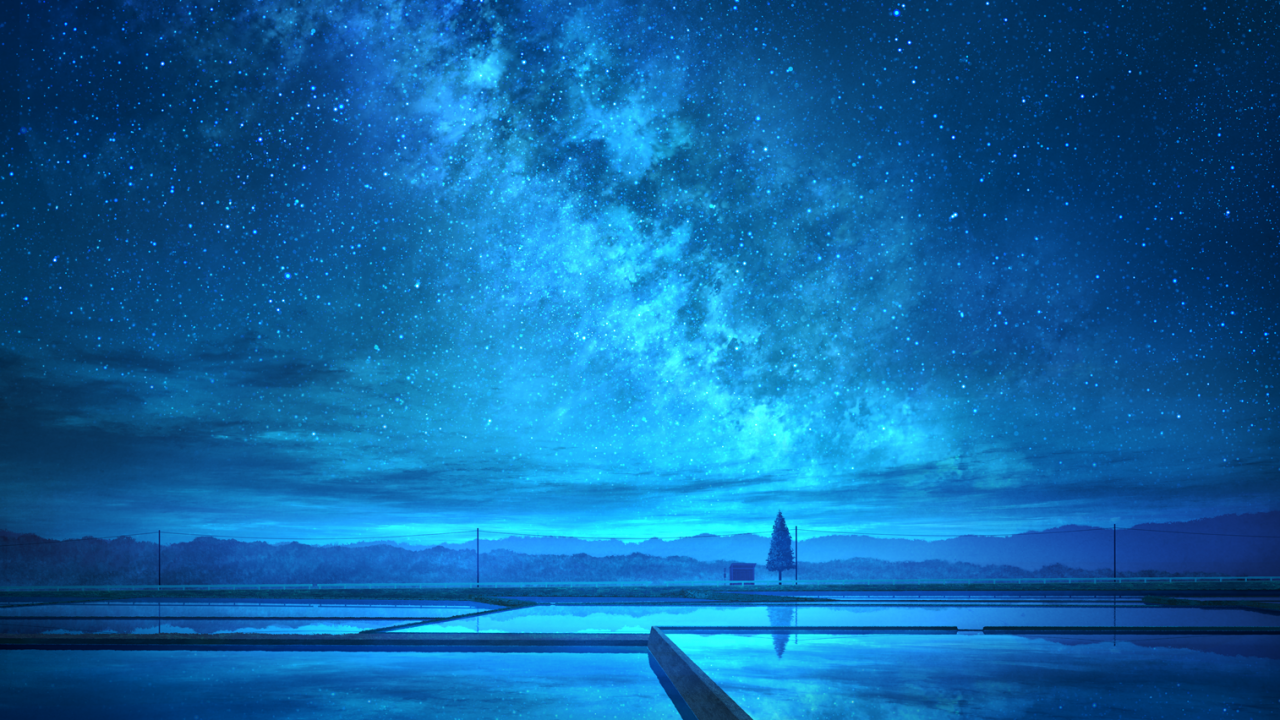 Download 1280x720 Anime Landscape, Blue Sky, Stars, Night, Reflection Wallpaper