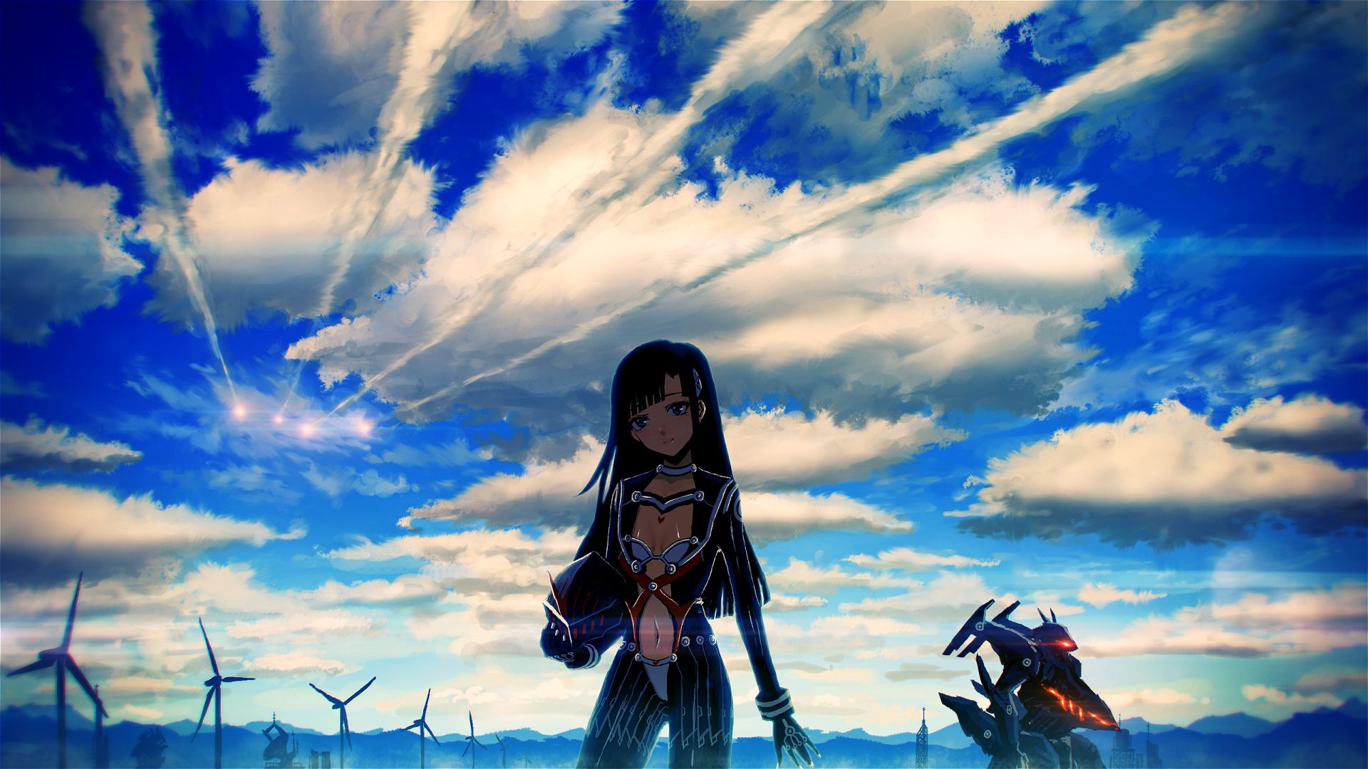 Wallpaper, sunlight, sunset, anime girls, reflection, sky, clouds, blue, evening, mech, original characters, cloud, computer wallpaper, atmosphere of earth, meteorological phenomenon 1920x1080
