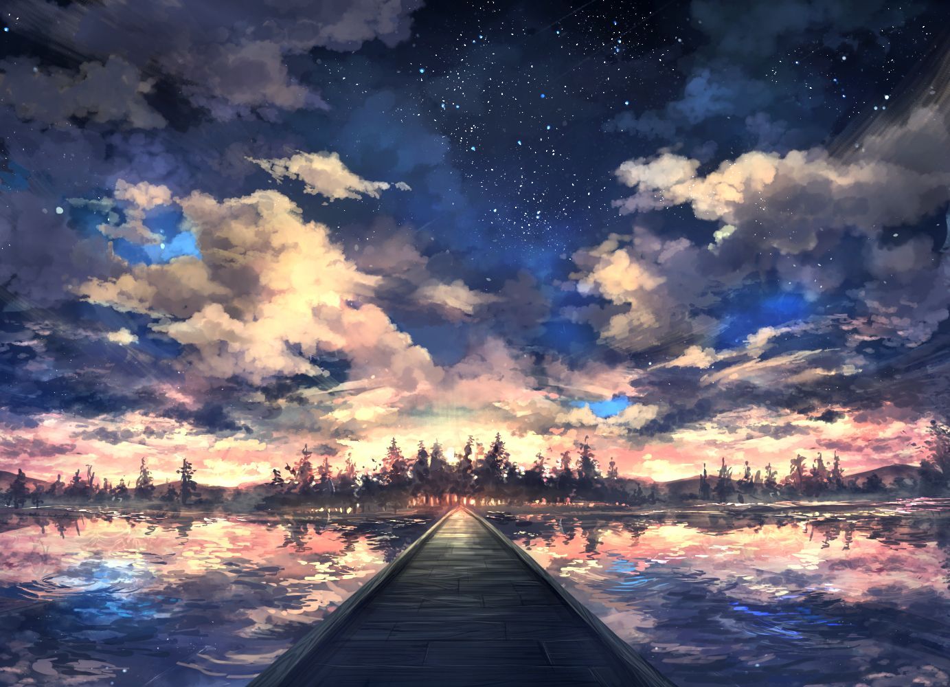 clouds landscape nobody original pippi (p3i2) reflection scenic stars sunset water. konachan.net. Anime scenery, Clouds landscape, Anime art beautiful