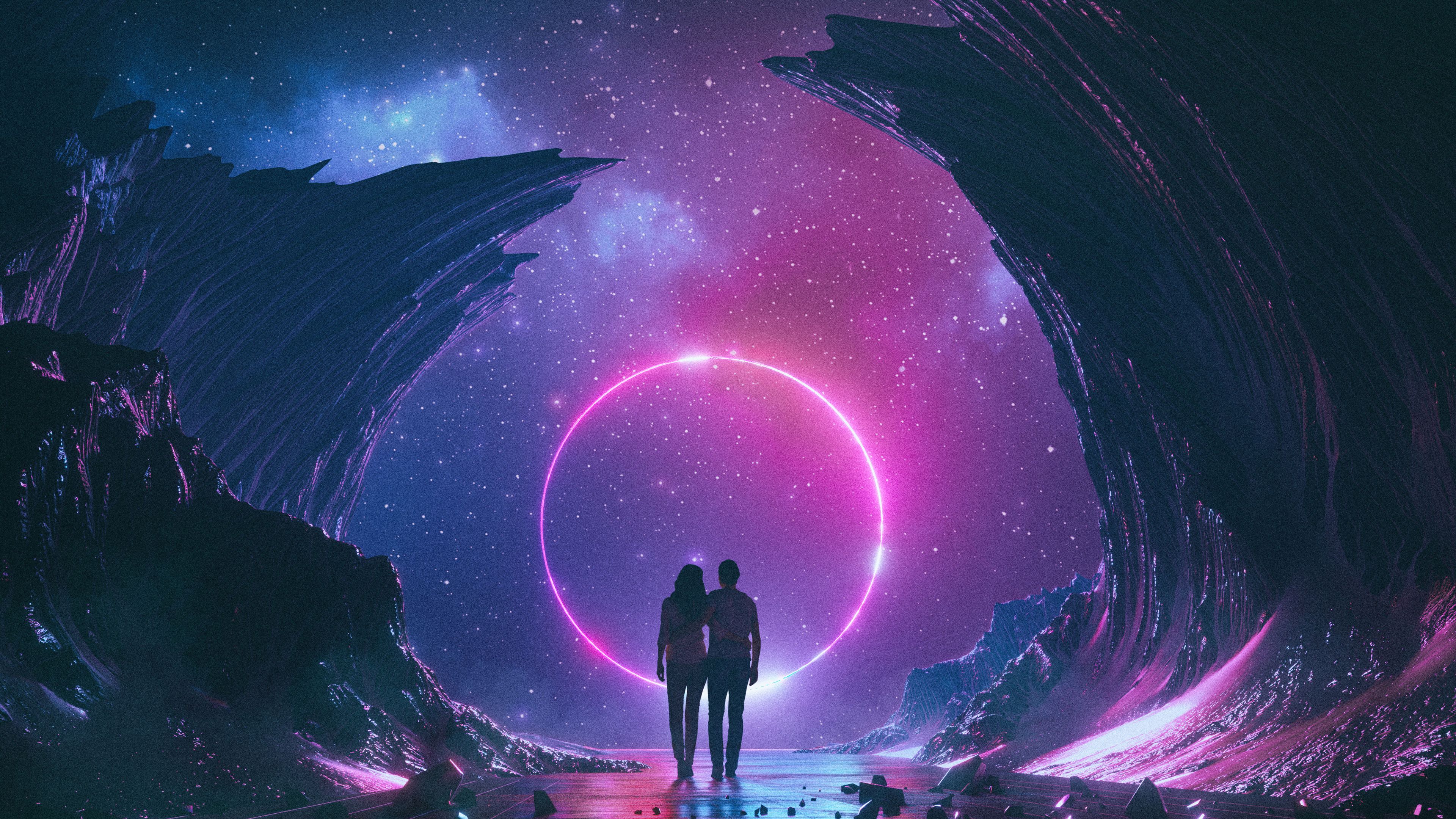 Couple, Dream, Neon, Starry sky, Rocks, Silhouette, Colorful, 4k Free deskk wallpaper, Ultra HD