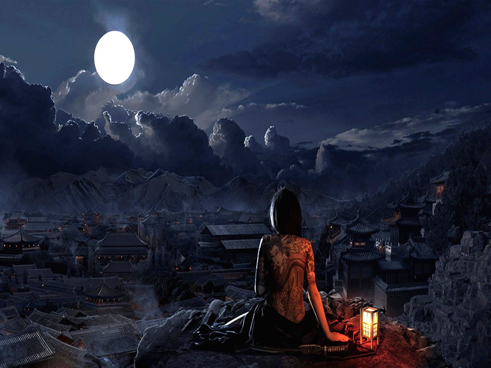 Japanese girl looks at the moon wallpaper and image, picture, photo