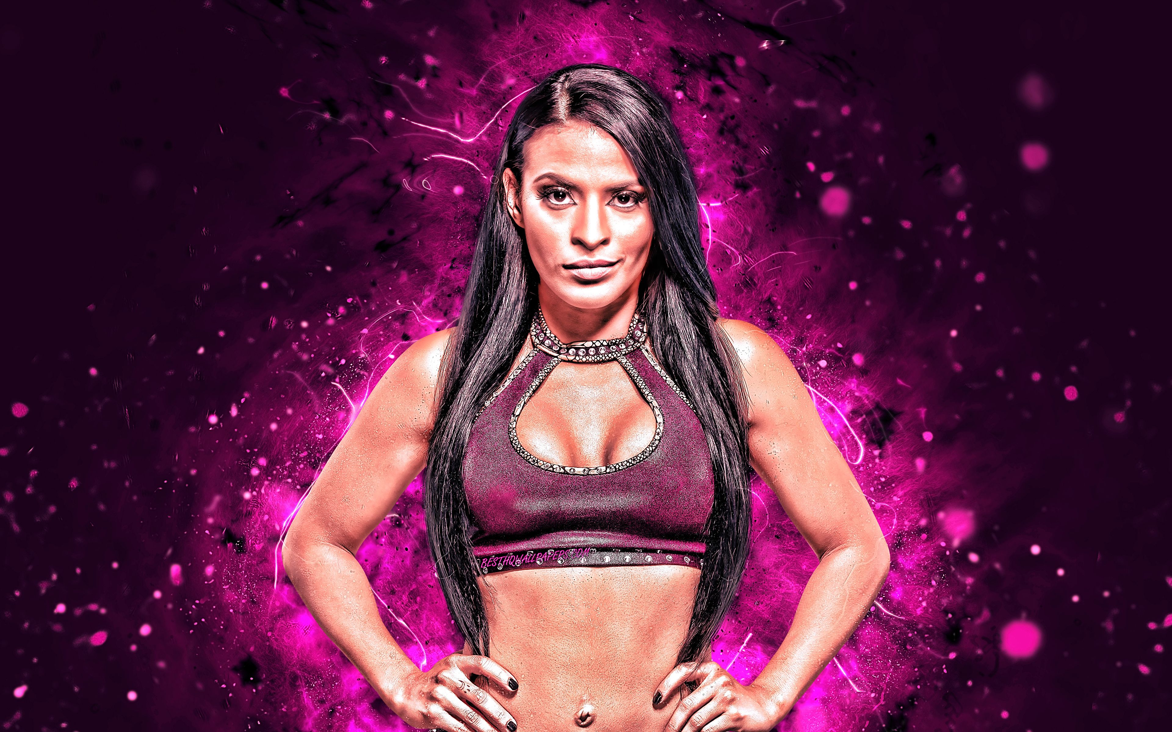 Download wallpaper Zelina Vega, 4k, american wrestlers, WWE, wrestling, neon lights, Thea Megan Trinidad, female wrestlers, Zelina Vega 4K, wrestlers for desktop with resolution 3840x2400. High Quality HD picture wallpaper