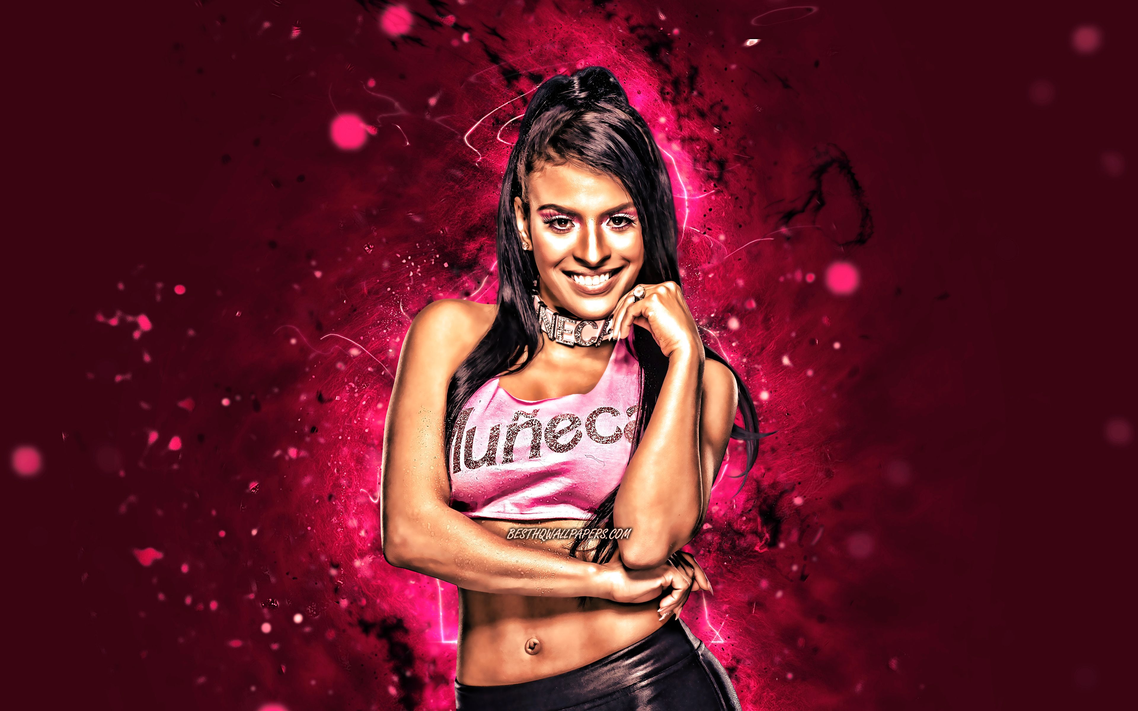 Download wallpaper Zelina Vega, 4k, american wrestlers, WWE, wrestling, purple neon lights, Thea Megan Trinidad, female wrestlers, Zelina Vega 4K, wrestlers for desktop with resolution 3840x2400. High Quality HD picture wallpaper