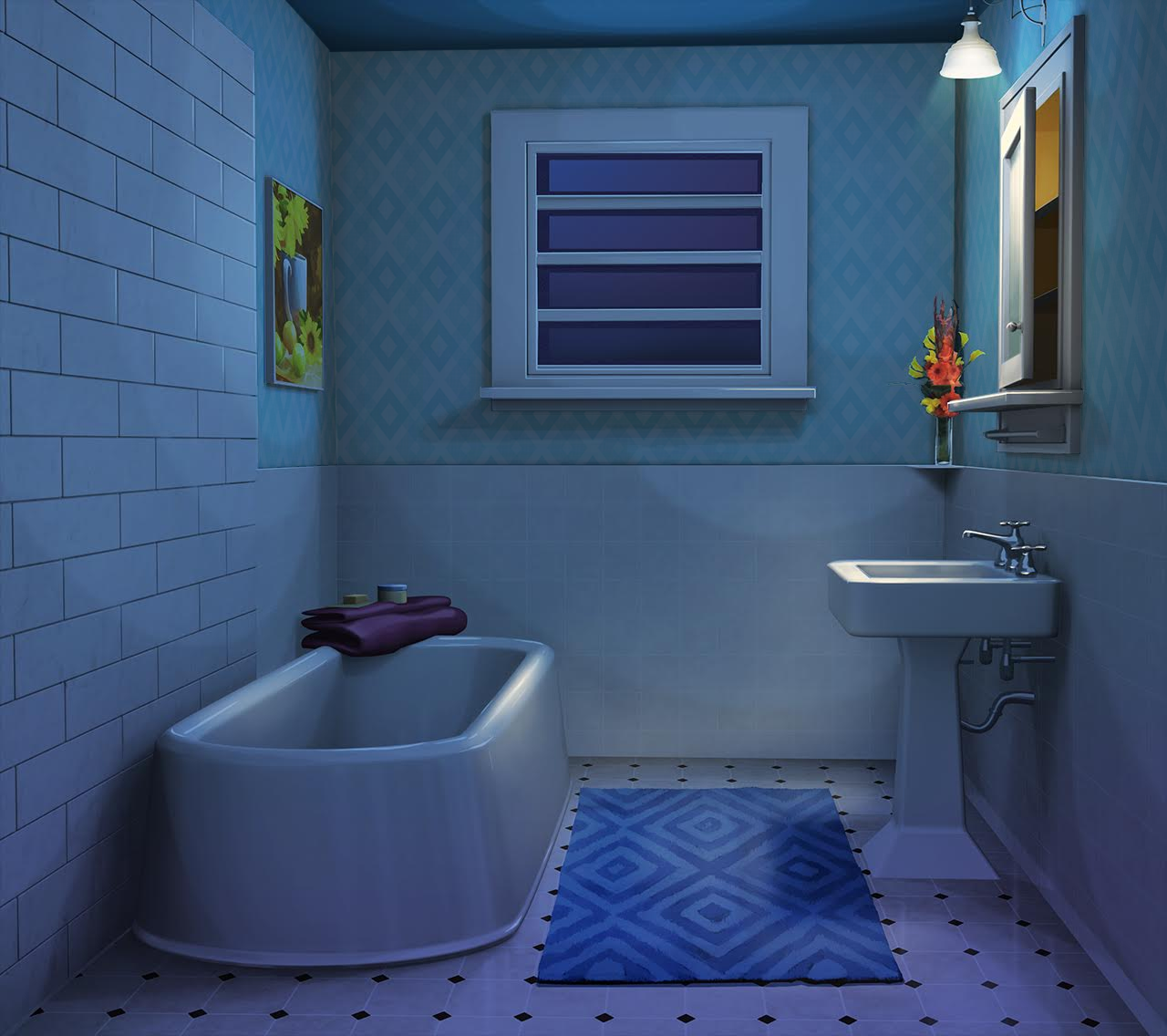 INT. RESIDENTIAL BATHROOM SKY BLUE. Anime bathroom background, Bathroom background, Anime background bathroom