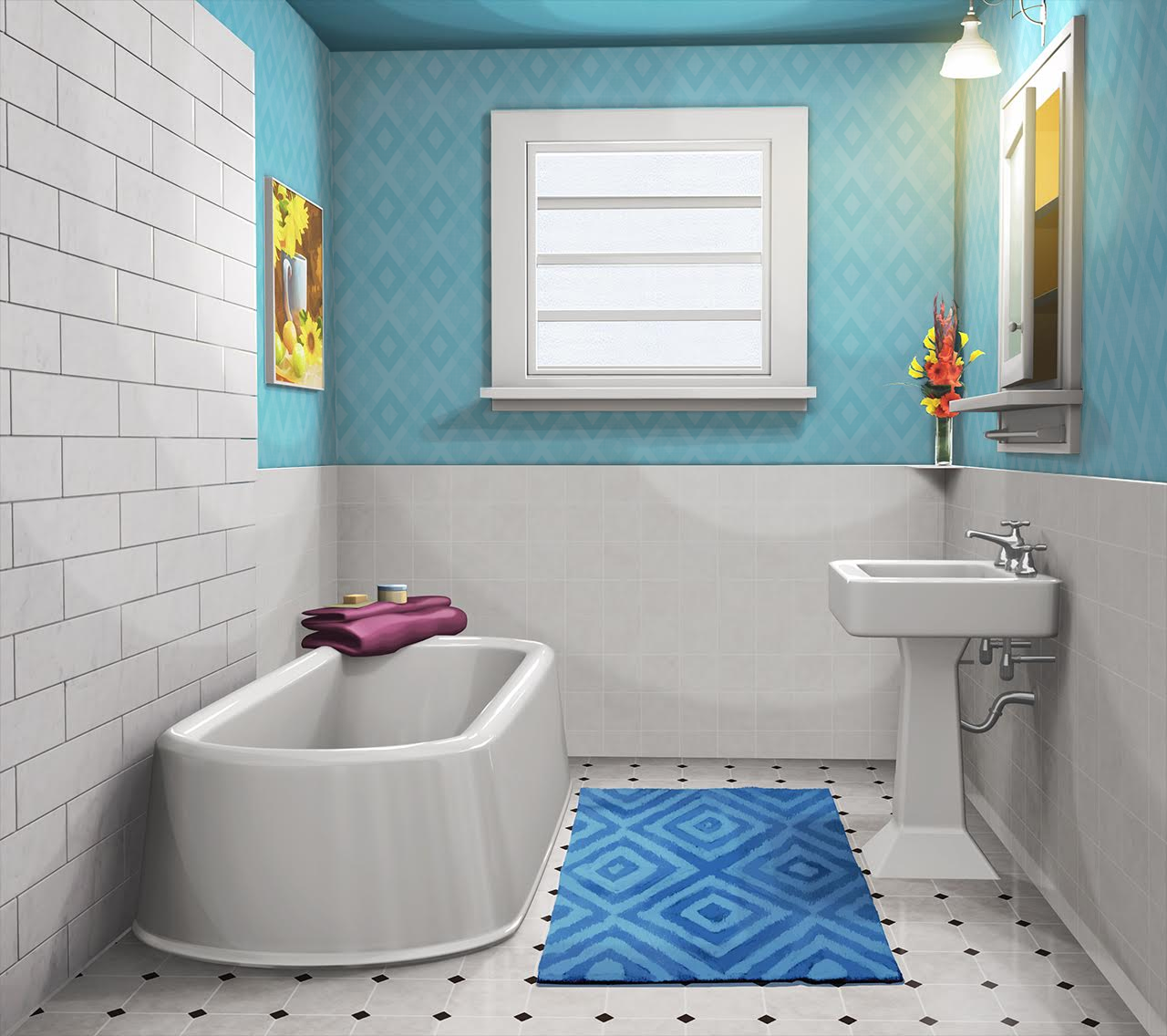 INT. RESIDENTIAL BATHROOM SKY BLUE. Anime scenery, Bathroom anime background, Episode background