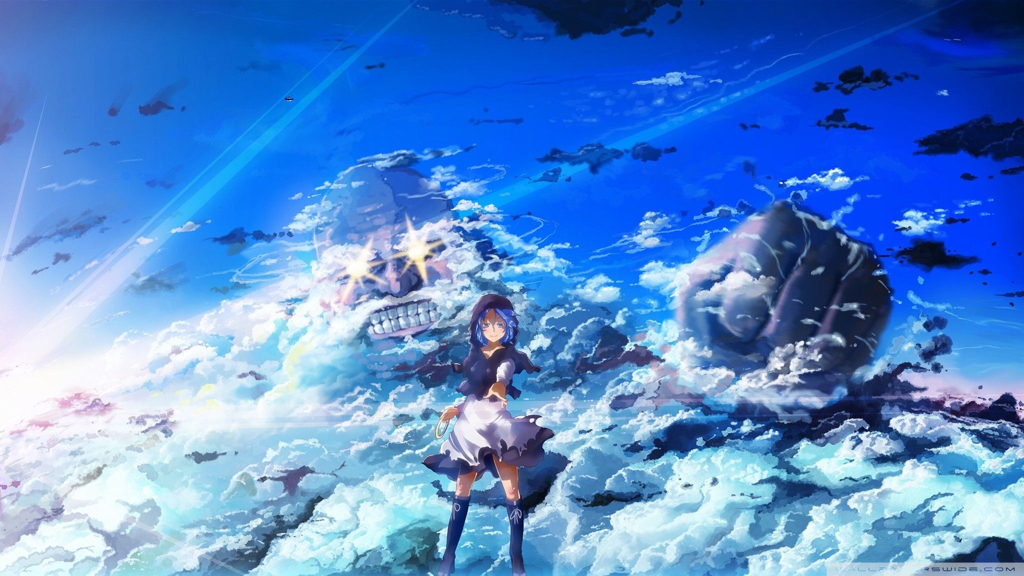 Download 2048x1152 Anime Girl, Beyond The Clouds, Titan, Sky Wallpaper