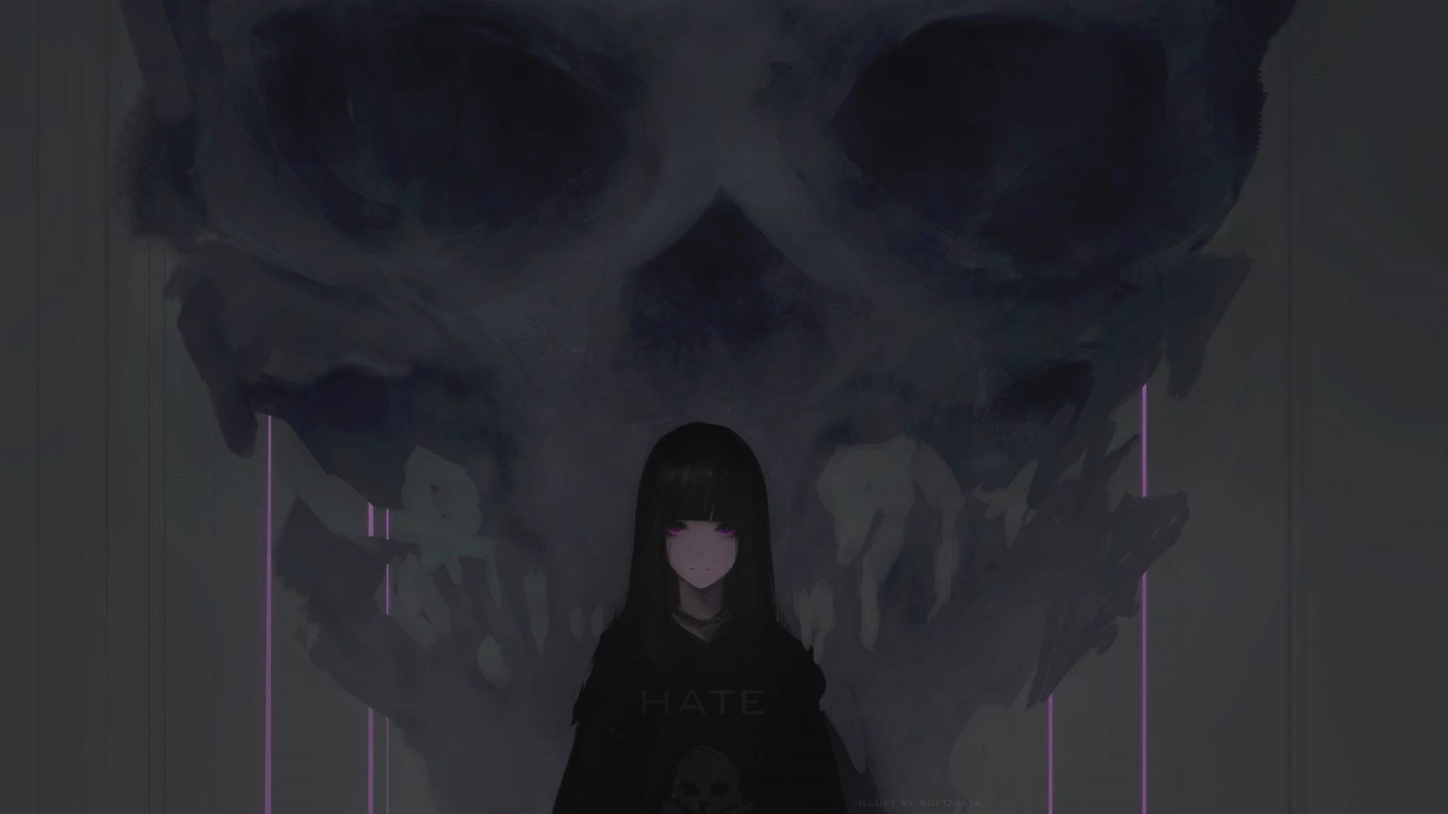 Download 2048x1152 wallpaper anime girl, purple eyes, dark, skull, dual wide, widescreen, 2048x1152 HD image, background, 2429